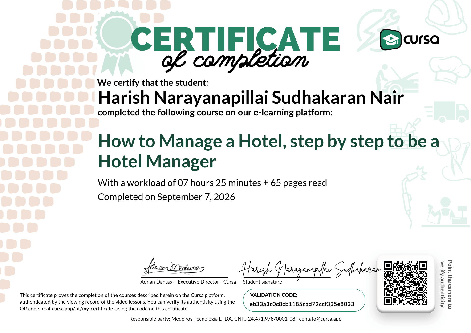 Image of my free Course Completion Certificate.