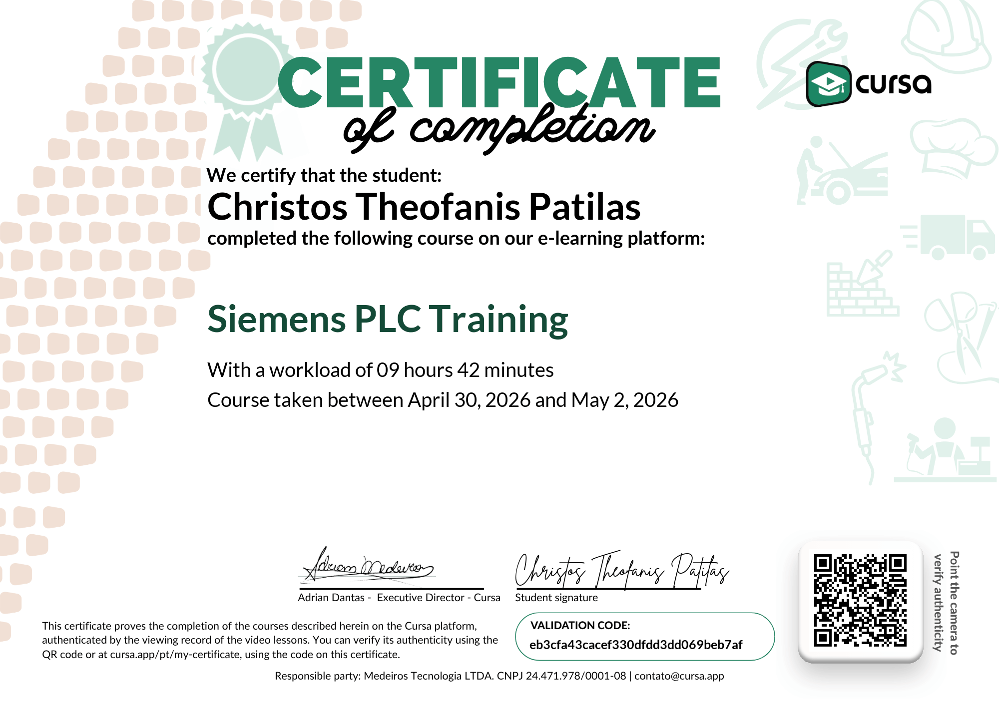 Image of my free Course Completion Certificate.