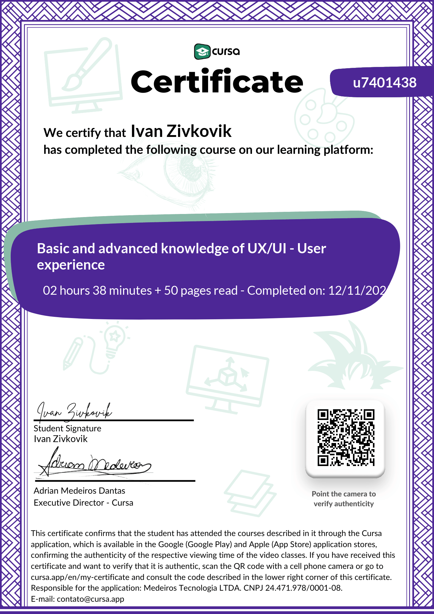 Image of my free Course Completion Certificate.