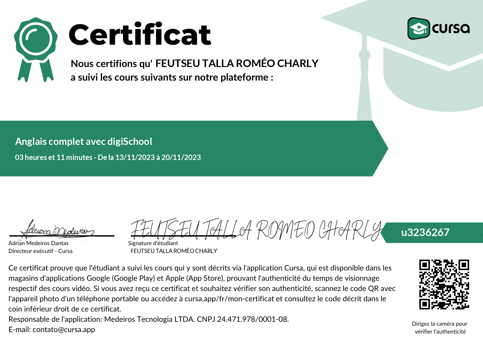 Image de mon certificat de fin de cours gratuit.