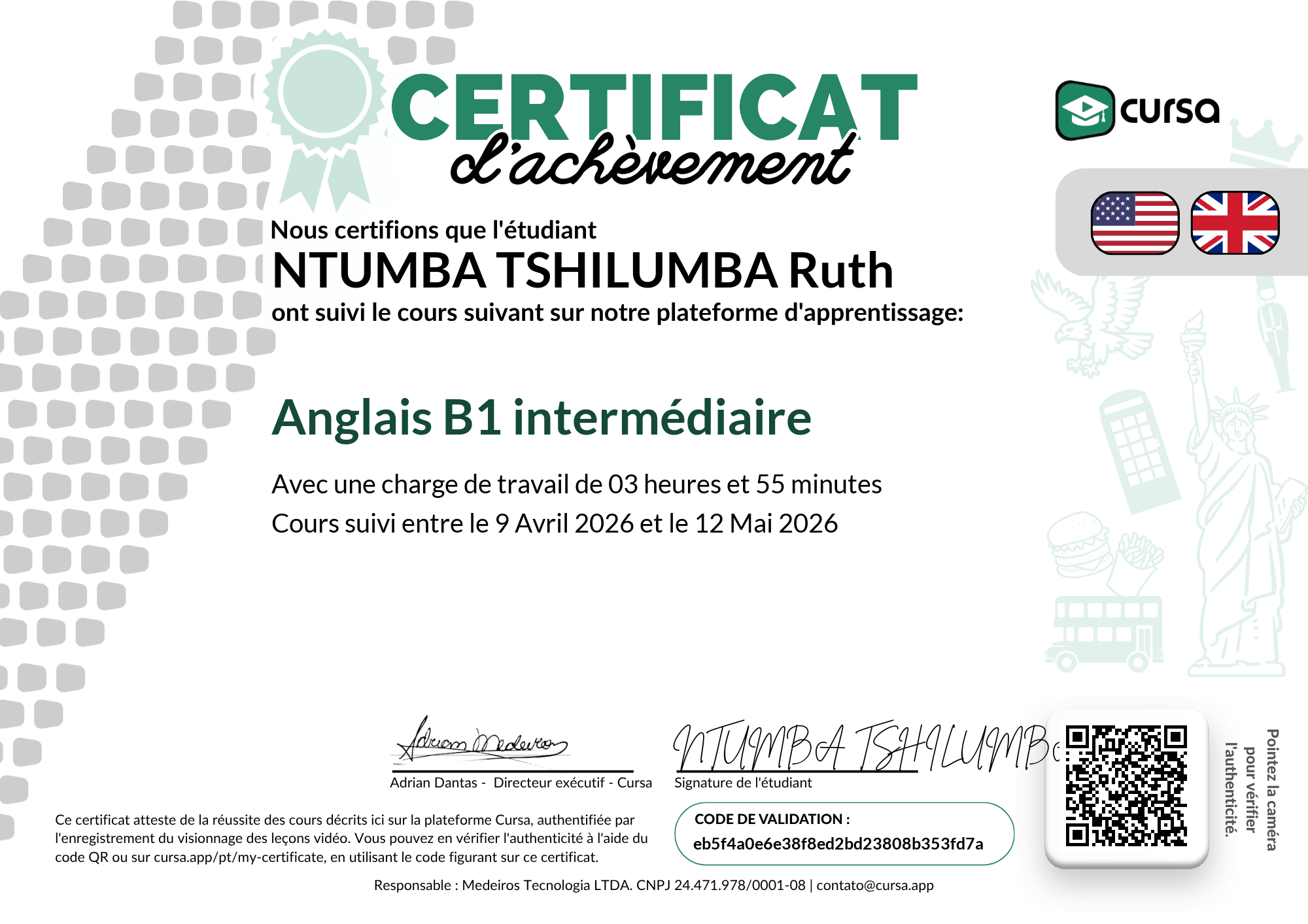Image de mon certificat de fin de cours gratuit.