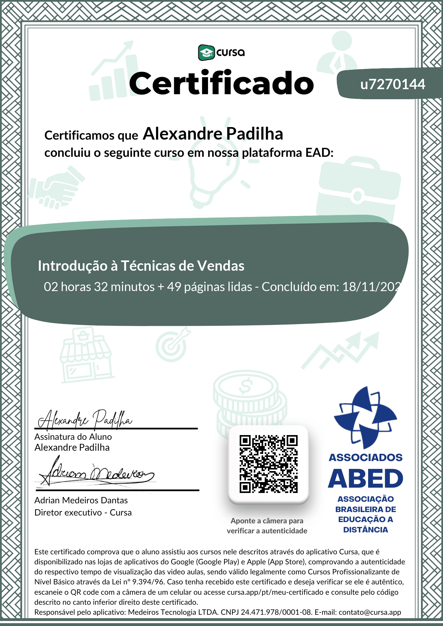 Imagem do meu Certificado gratuito de conclusão de curso.
