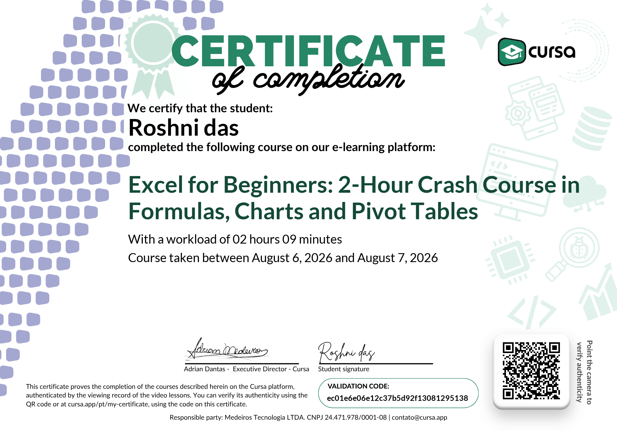 Image of my free Course Completion Certificate.