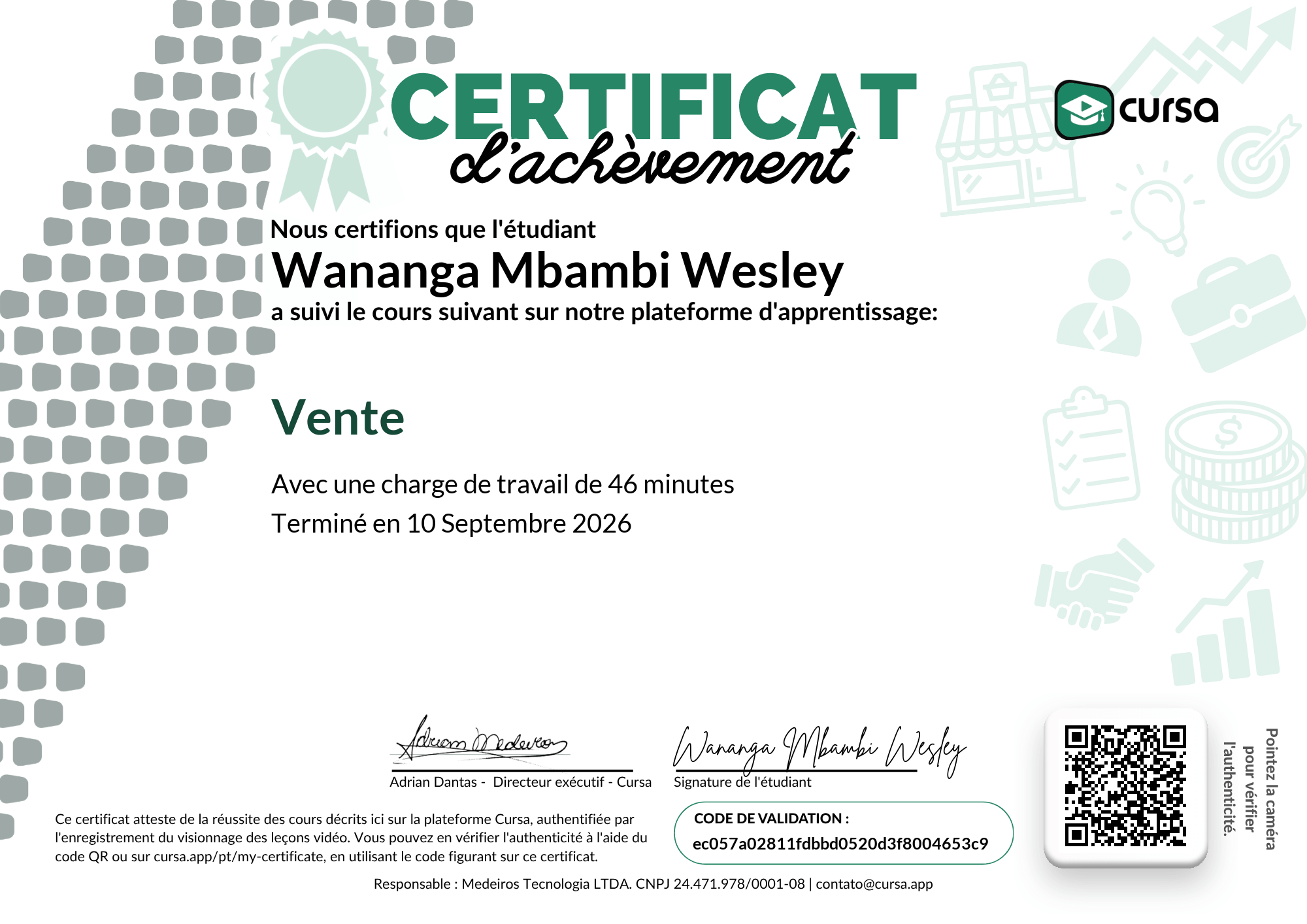 Image de mon certificat de fin de cours gratuit.