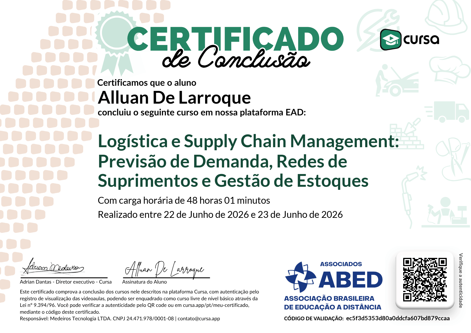Imagem do meu Certificado gratuito de conclusão de curso.