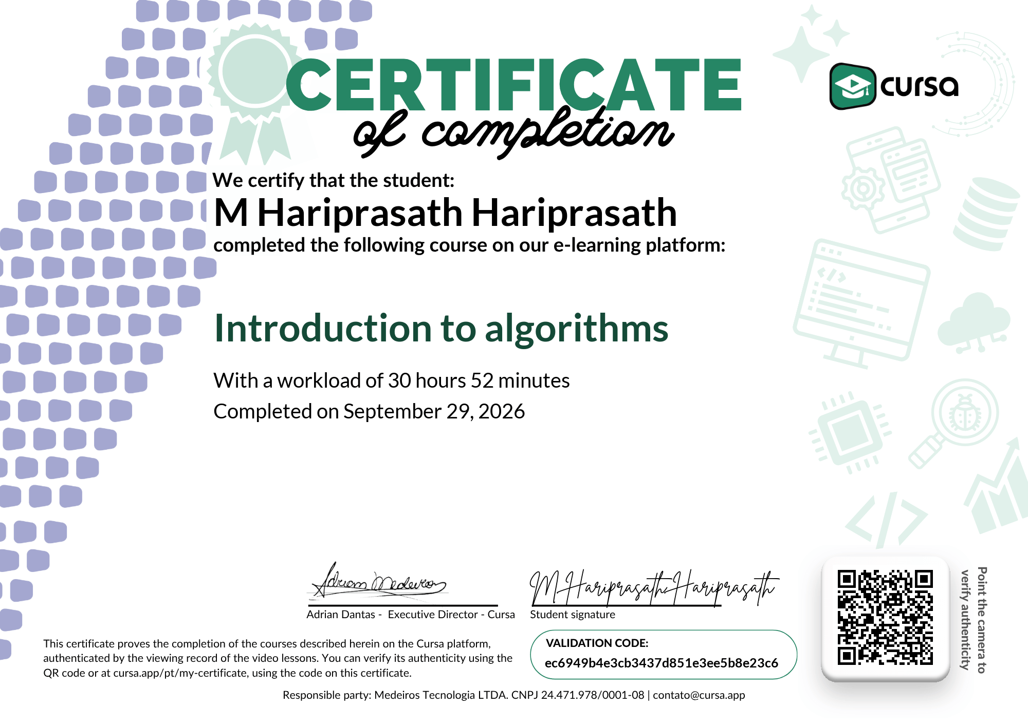 Image of my free Course Completion Certificate.