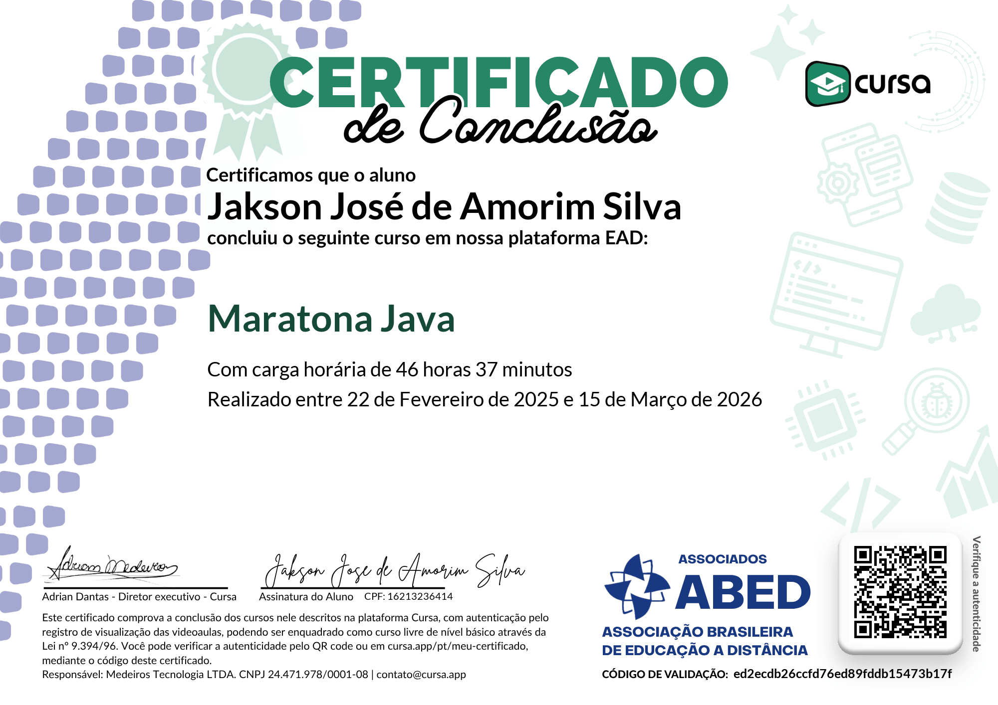 Imagem do meu Certificado gratuito de conclusão de curso.