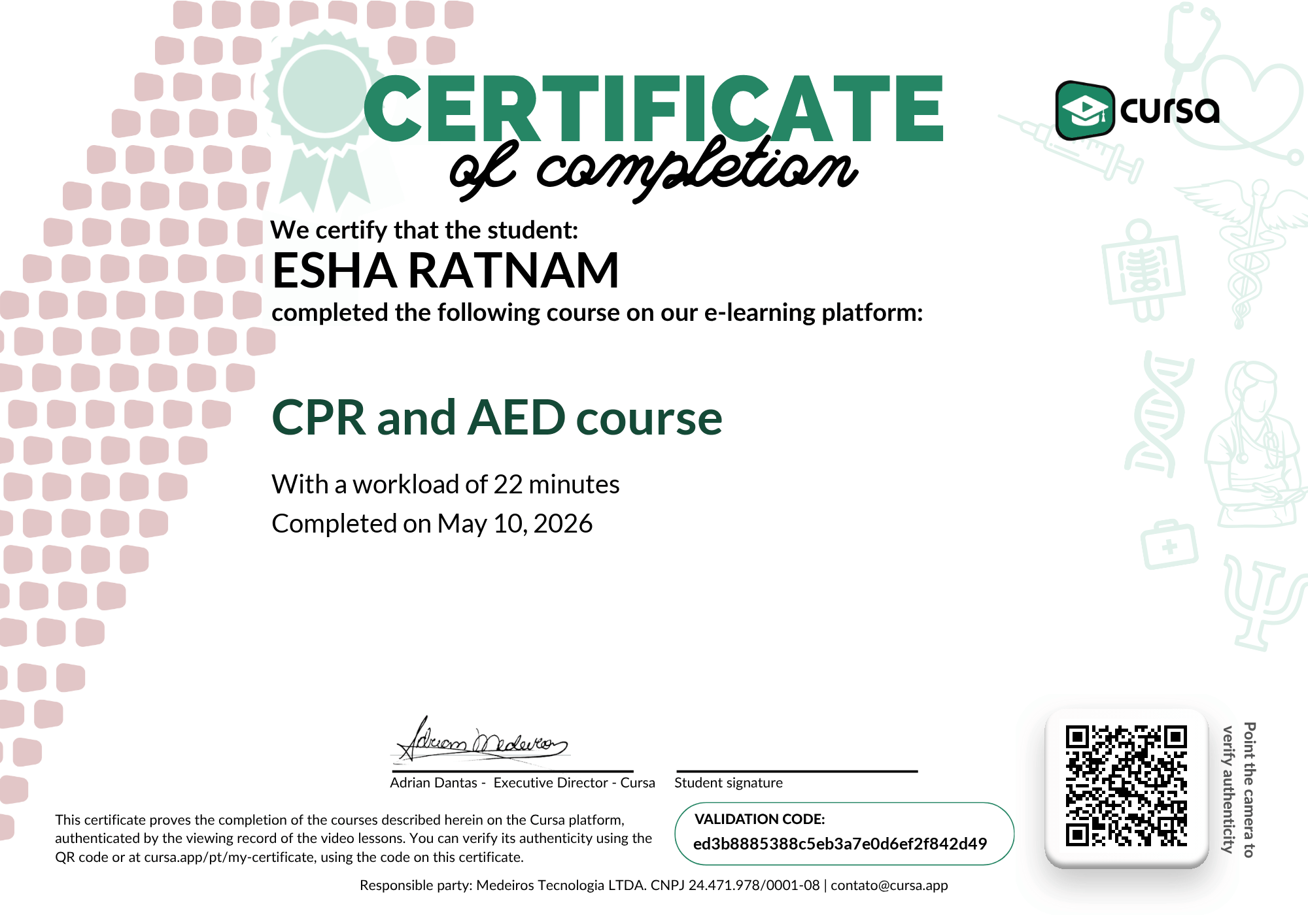 Image of my free Course Completion Certificate.