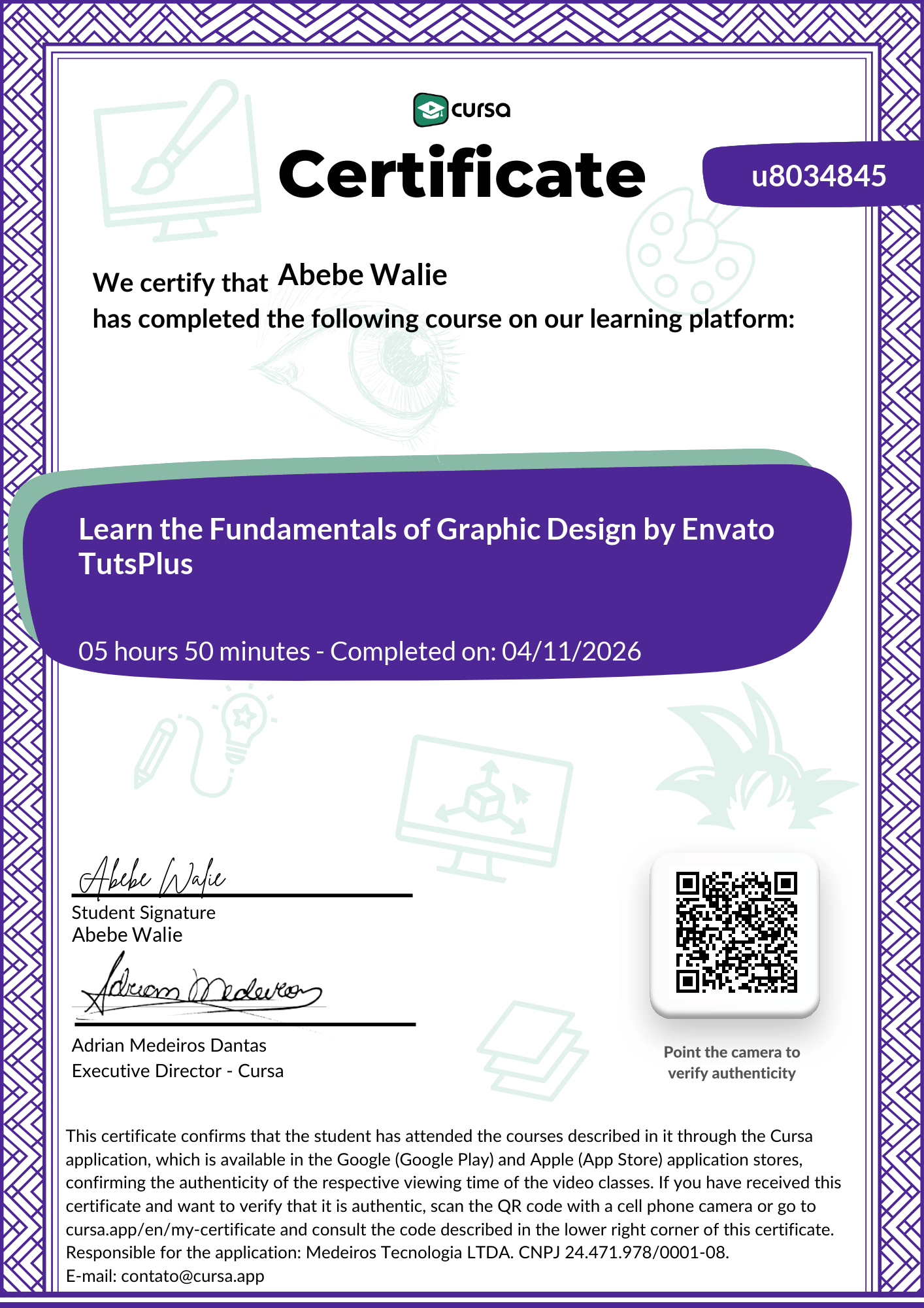 Image of my free Course Completion Certificate.