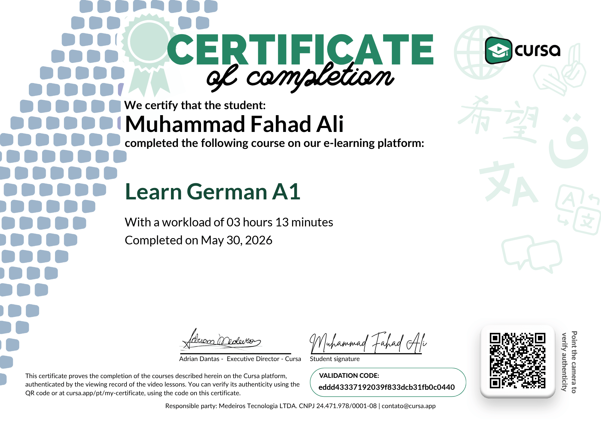 Image of my free Course Completion Certificate.