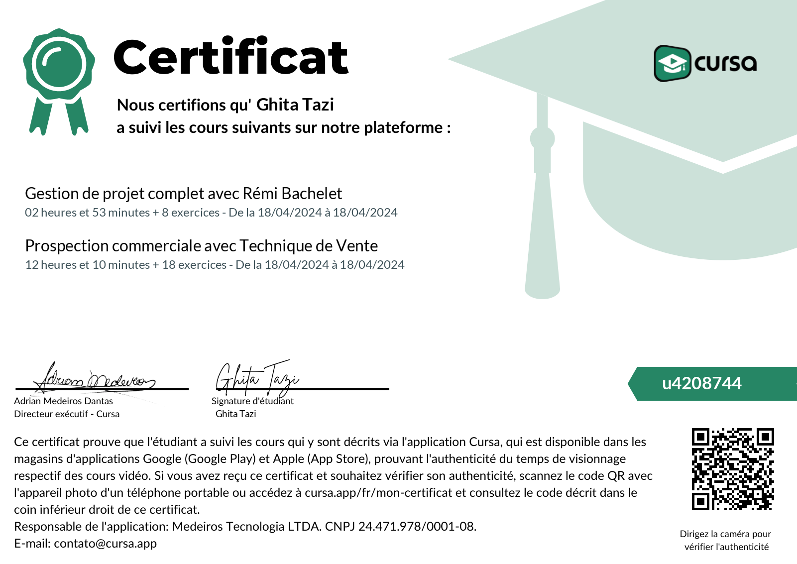 Image de mon certificat de fin de cours gratuit.