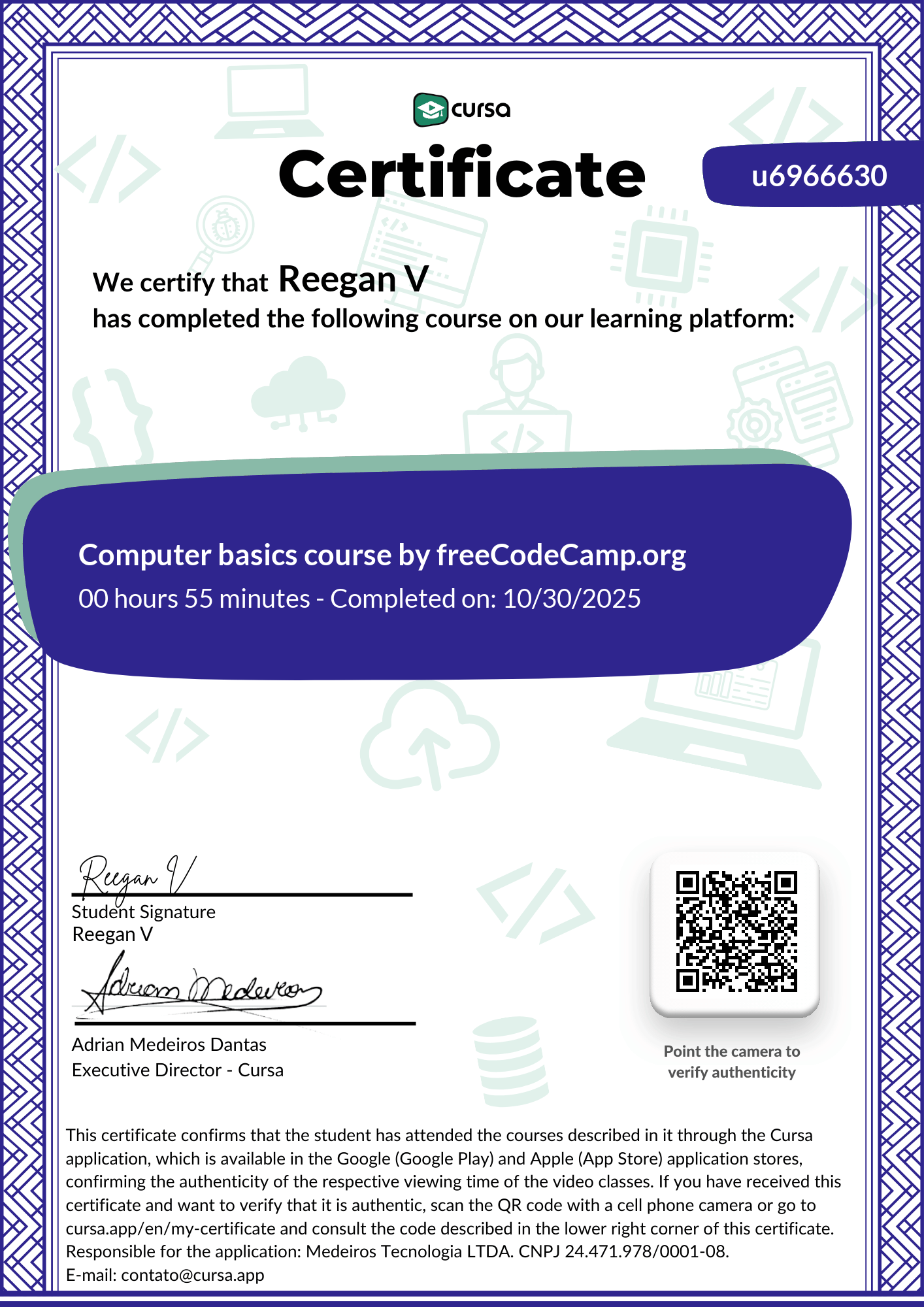 Image of my free Course Completion Certificate.