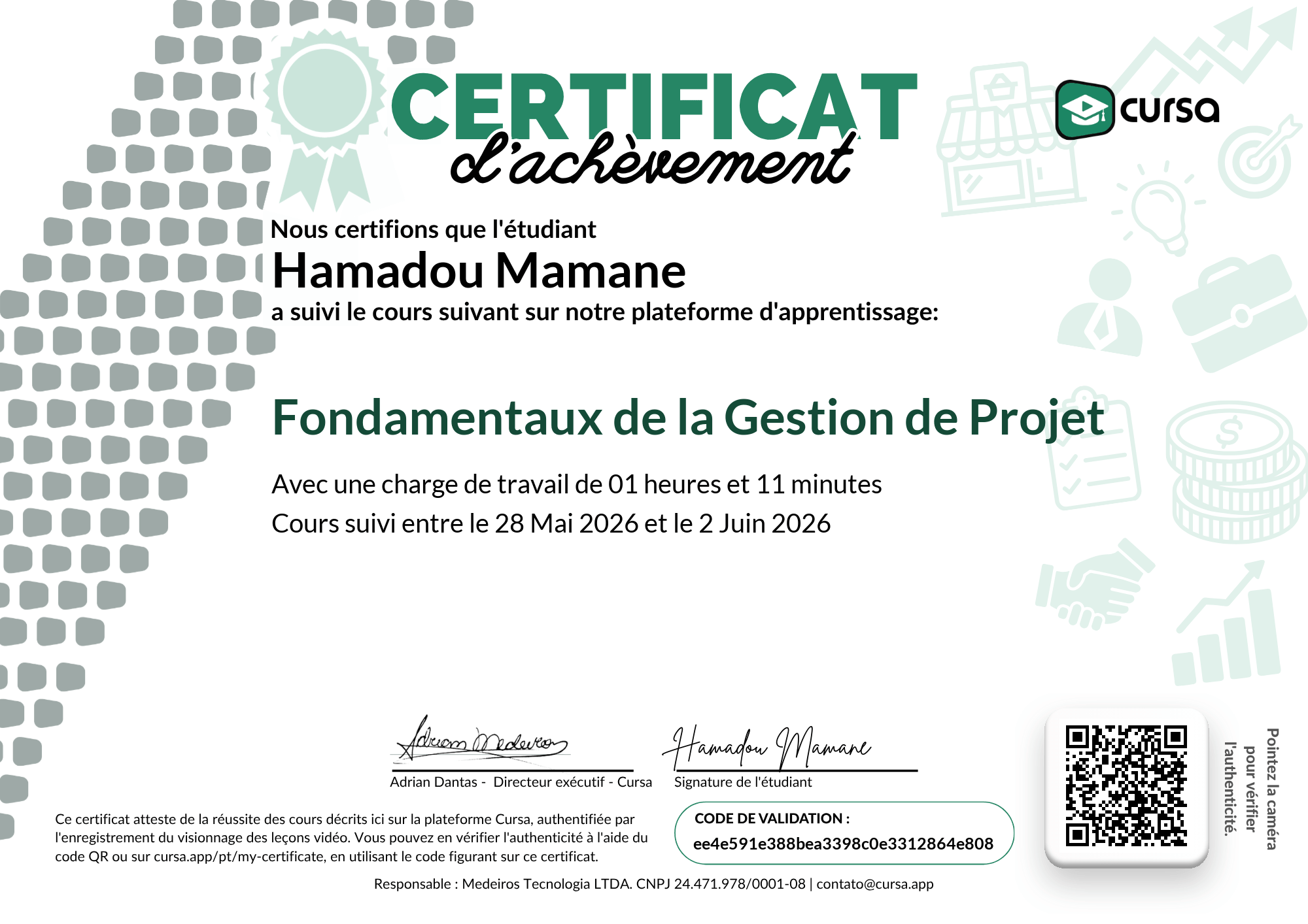 Image de mon certificat de fin de cours gratuit.