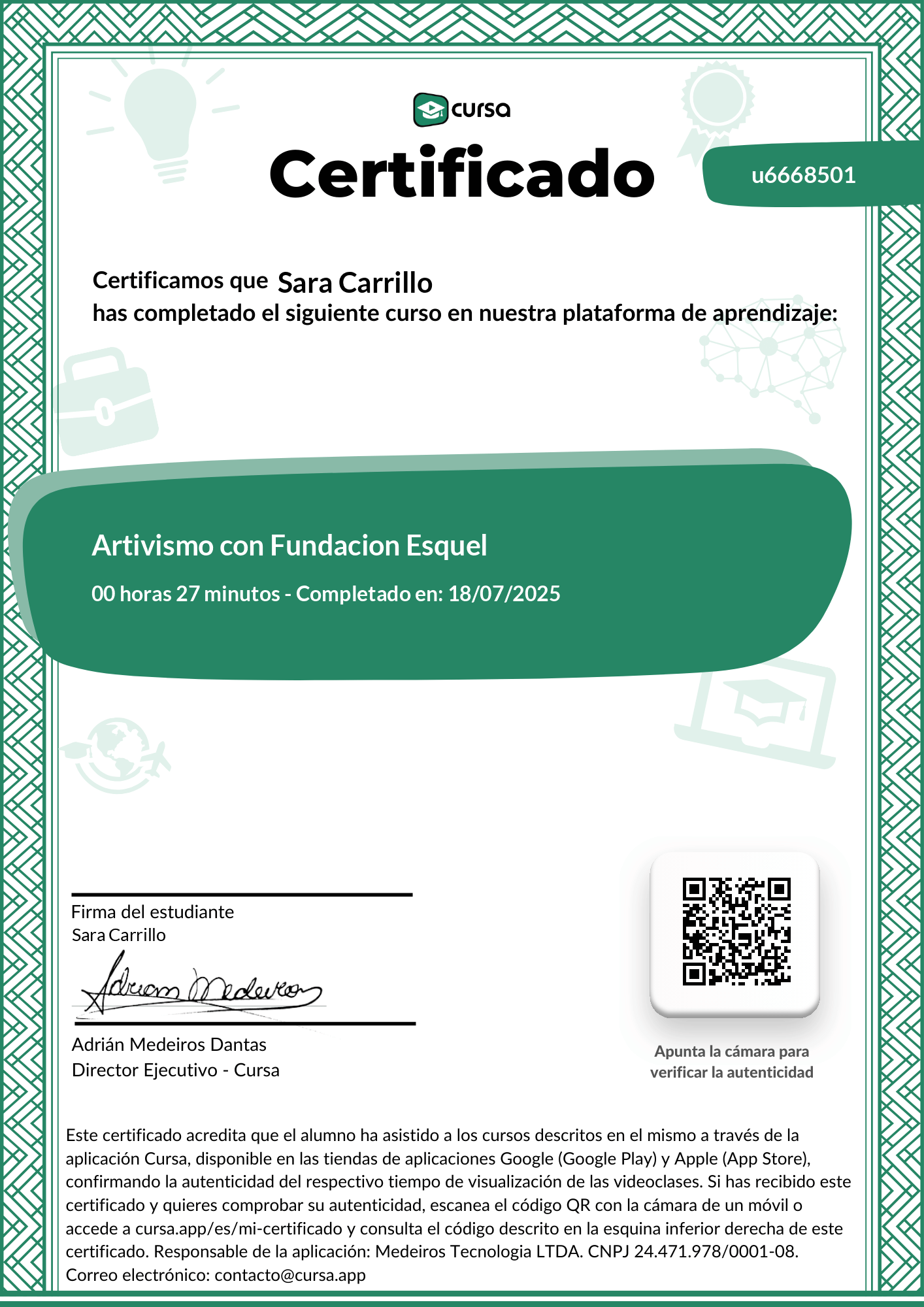 Imagen de mi Certificado de finalización del curso gratuito.