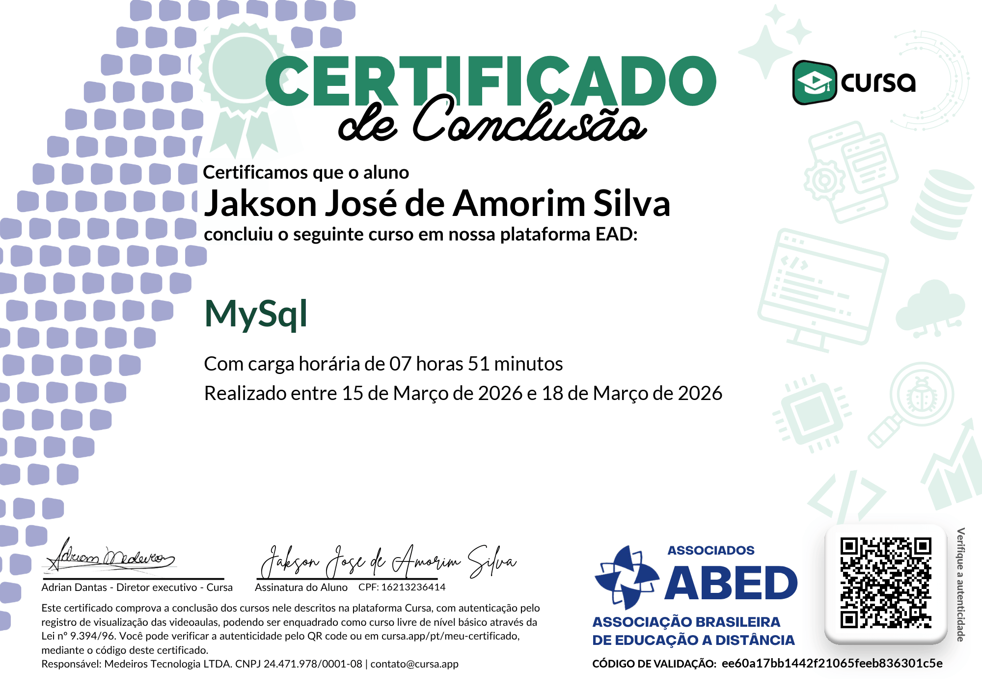 Imagem do meu Certificado gratuito de conclusão de curso.