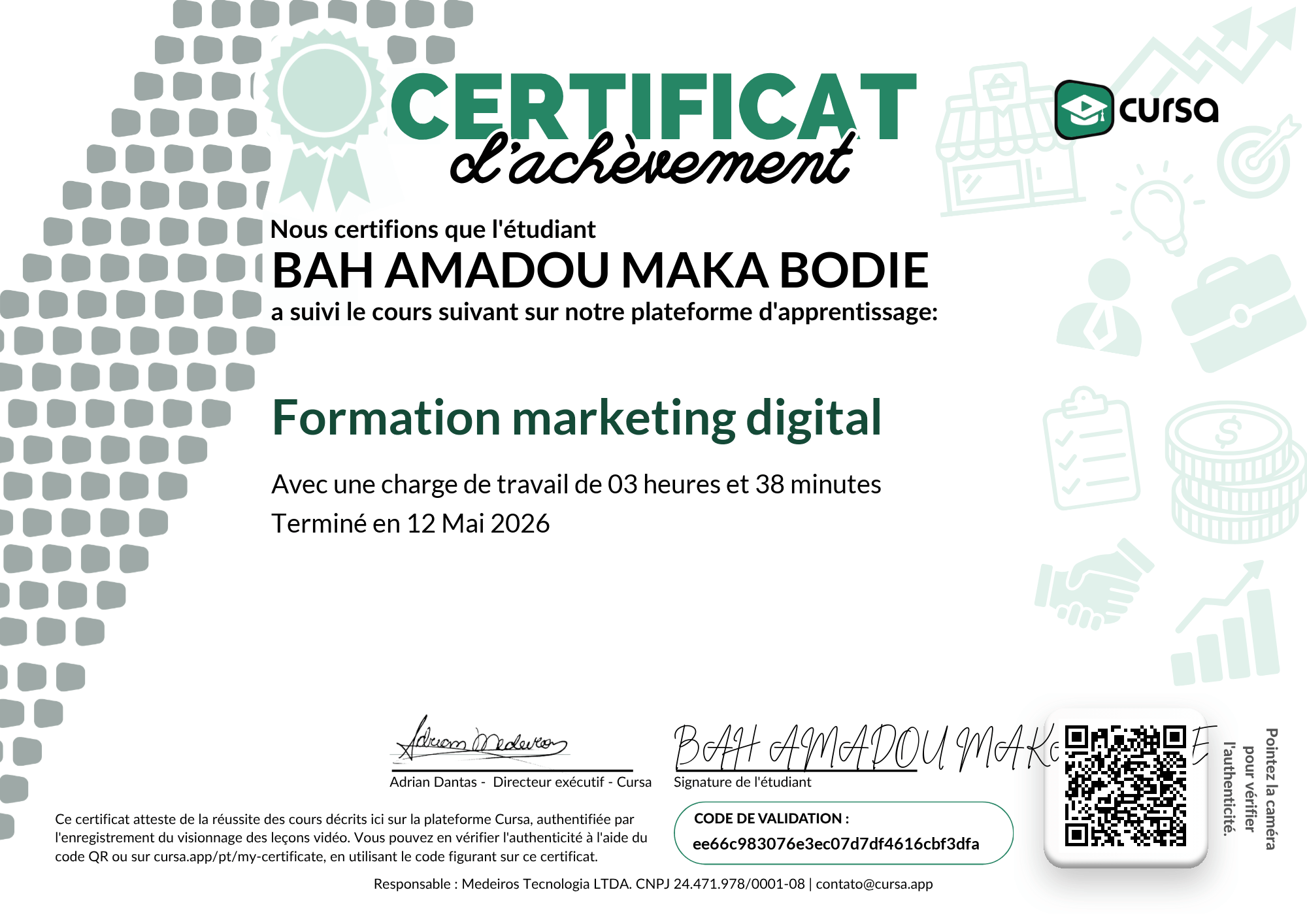 Image de mon certificat de fin de cours gratuit.