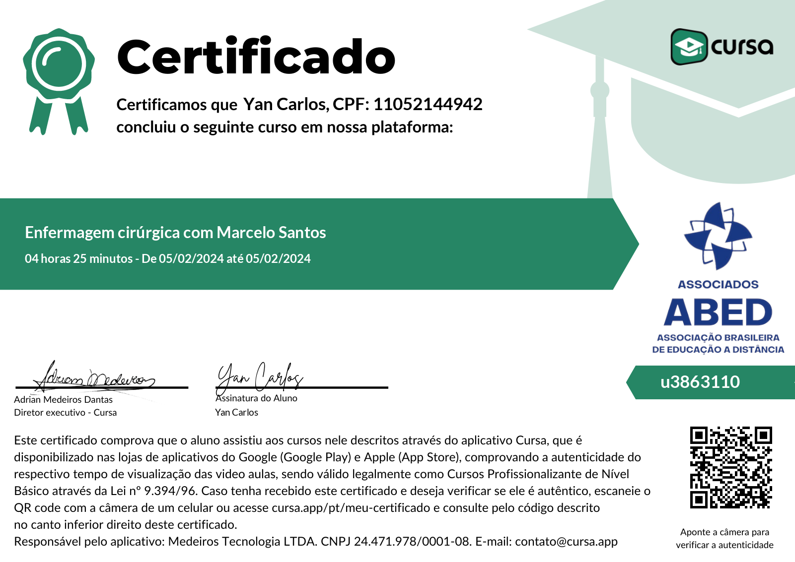 Imagem do meu Certificado gratuito de conclusão de curso.