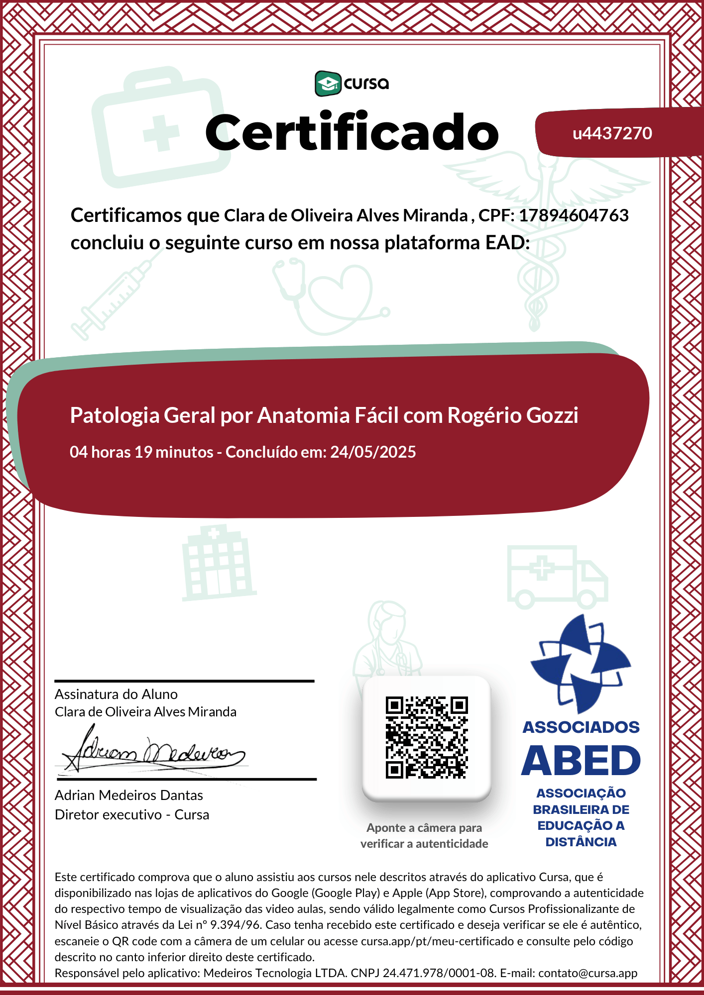 Imagem do meu Certificado gratuito de conclusão de curso.