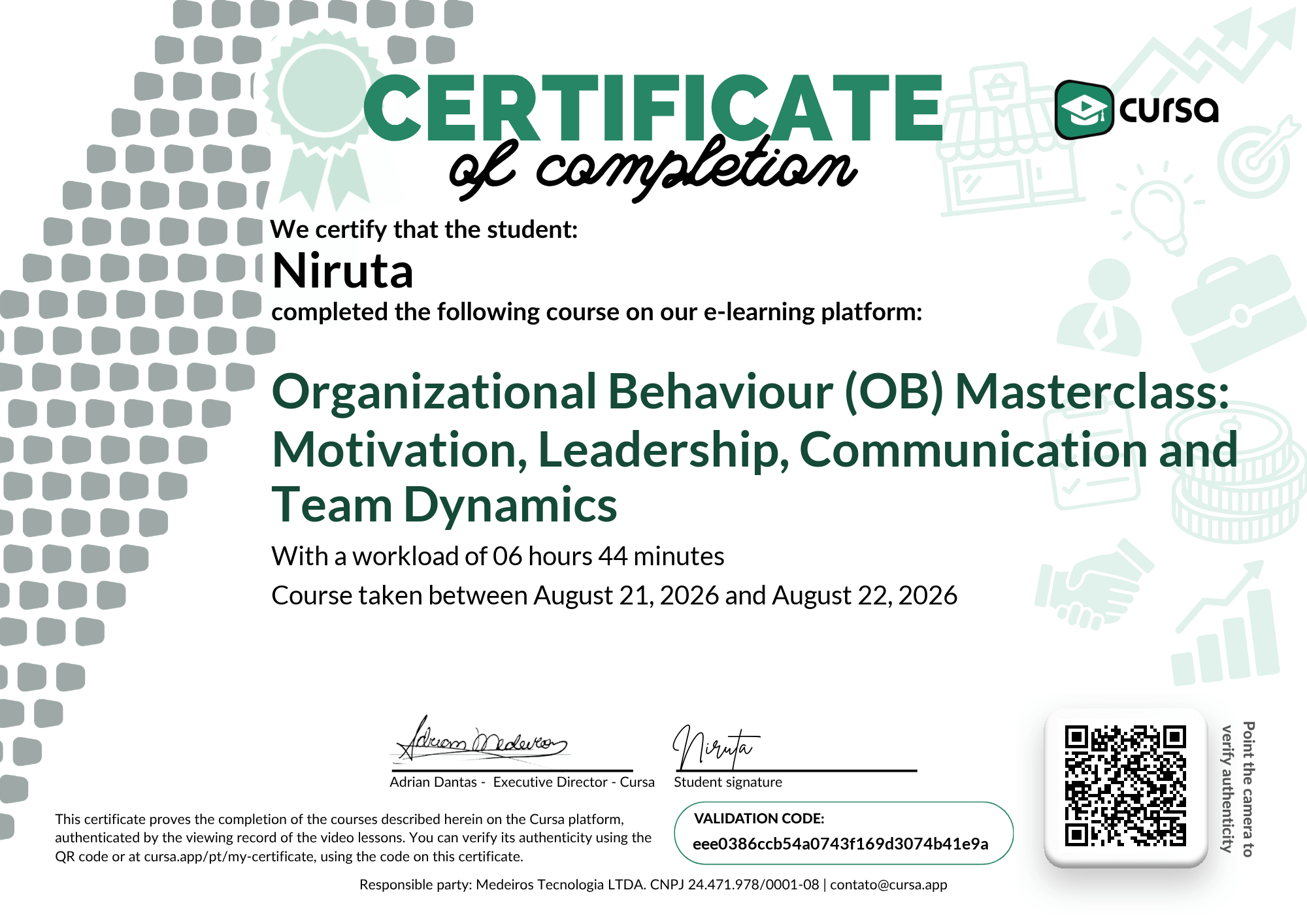 Image of my free Course Completion Certificate.