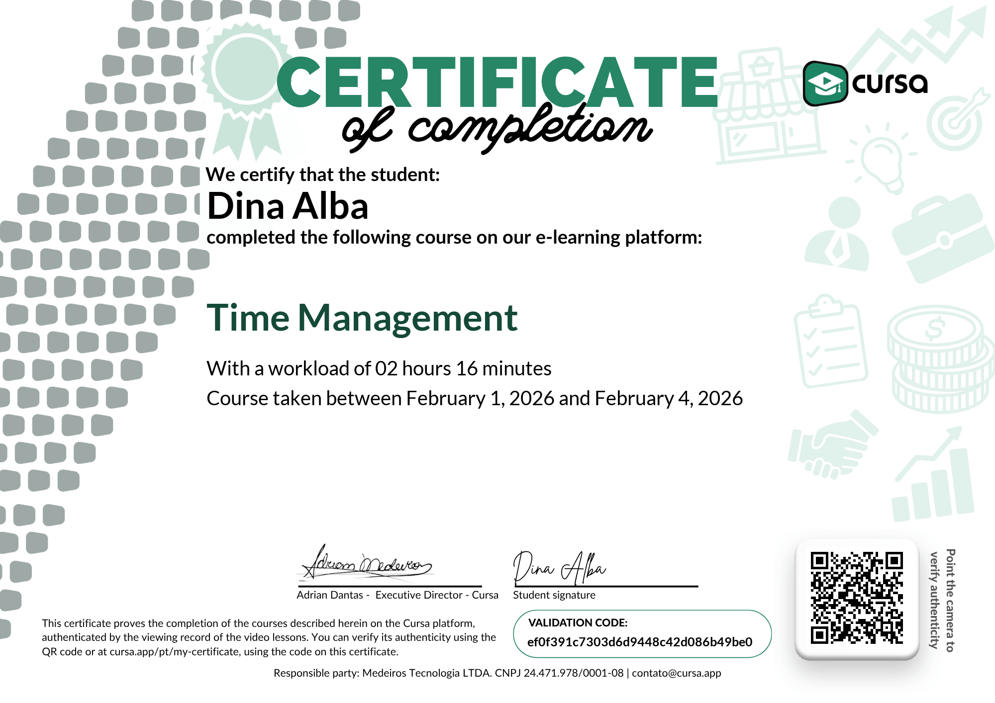 Image of my free Course Completion Certificate.