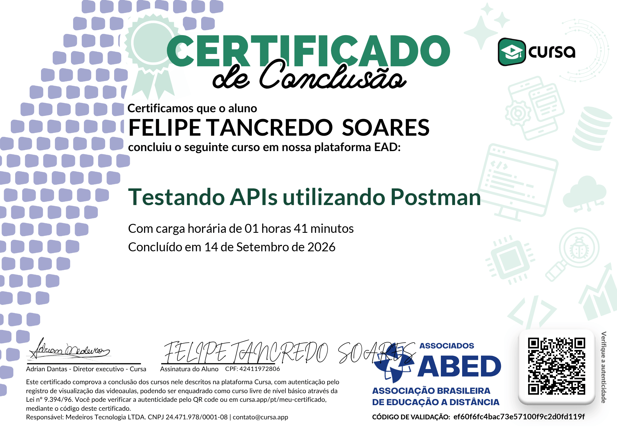Imagem do meu Certificado gratuito de conclusão de curso.