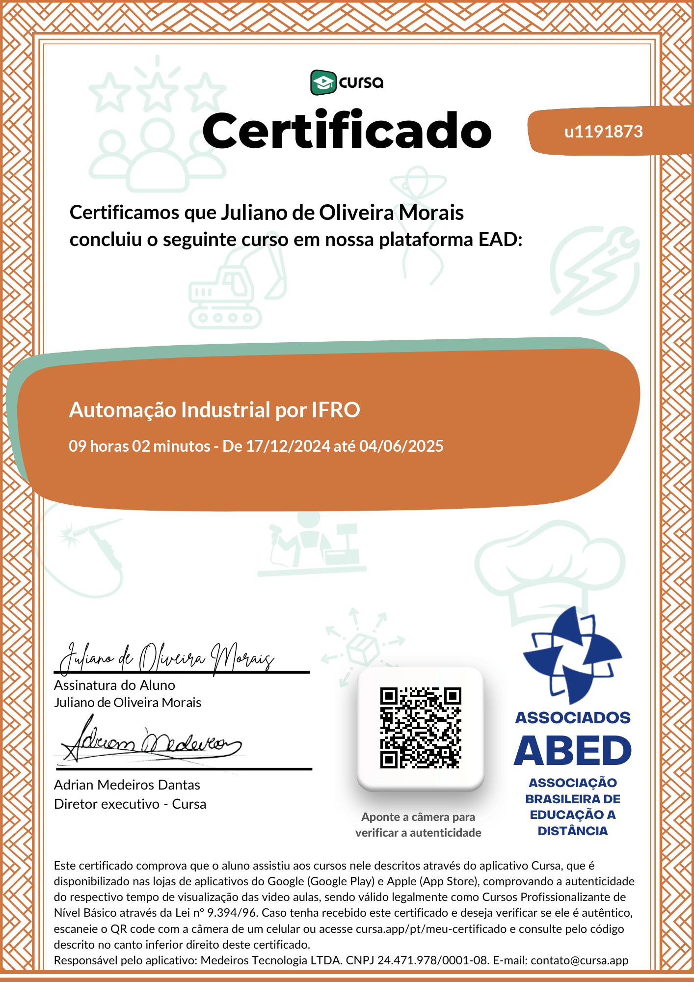 Imagem do meu Certificado gratuito de conclusão de curso.