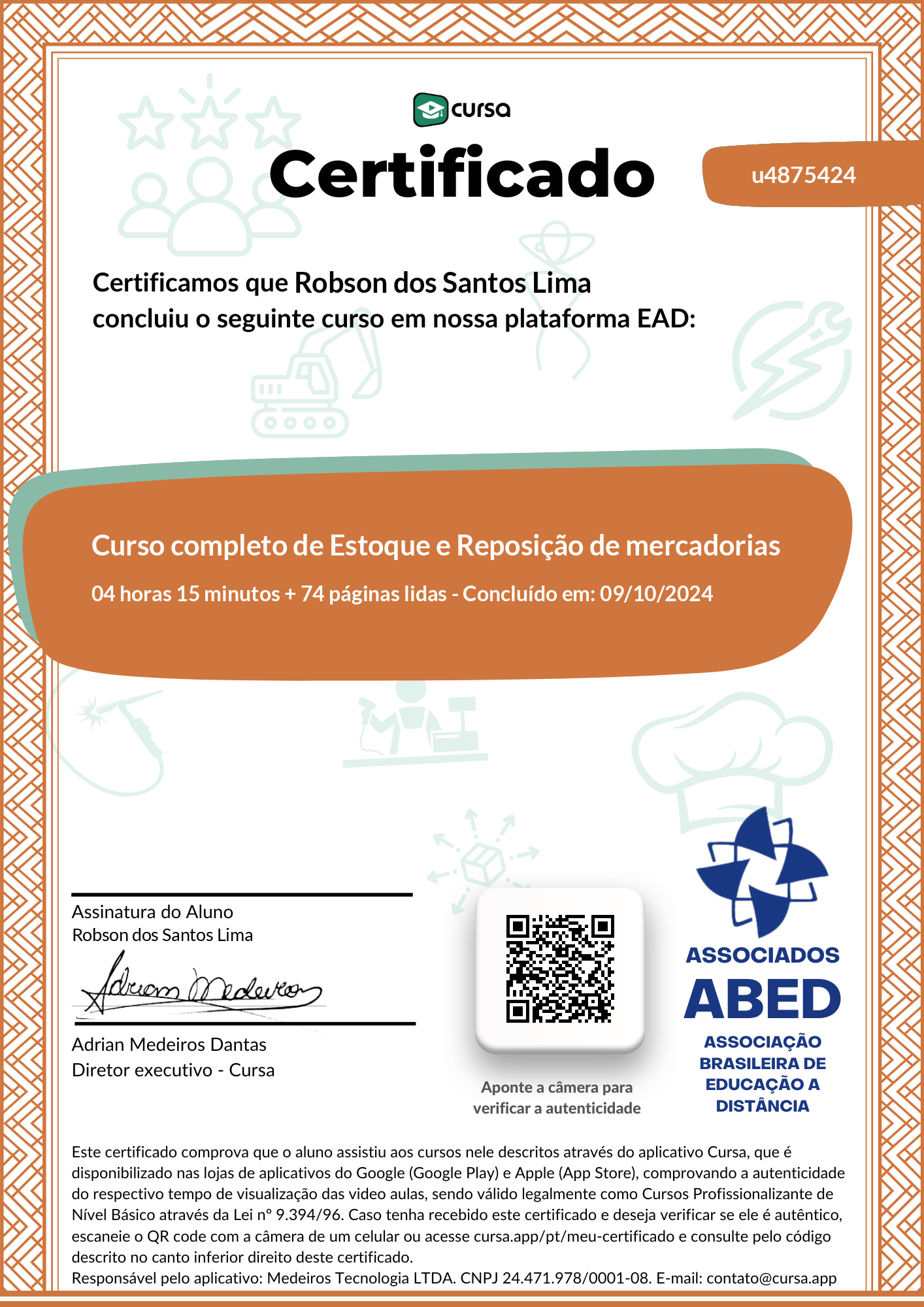 Imagem do meu Certificado gratuito de conclusão de curso.