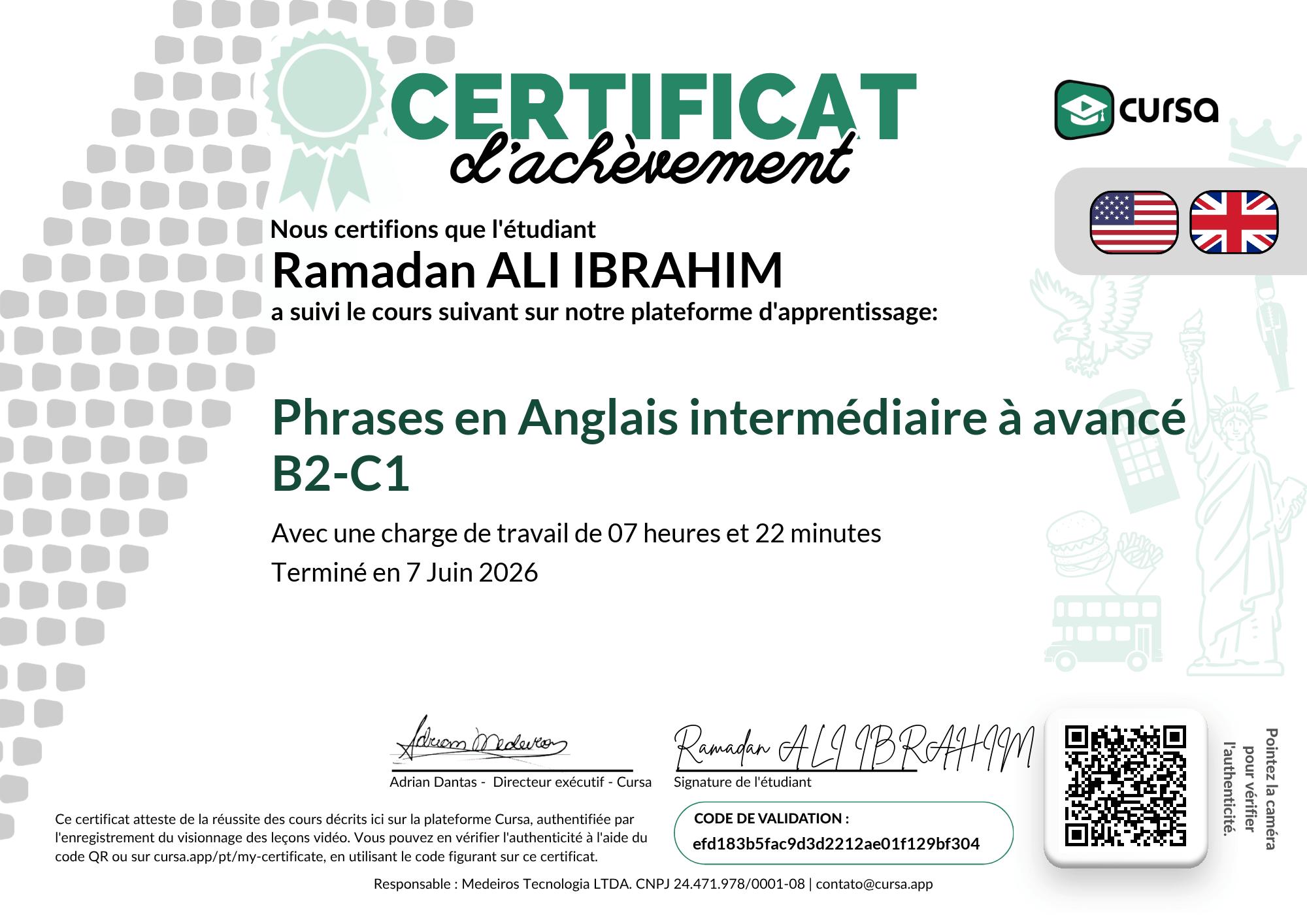 Image de mon certificat de fin de cours gratuit.