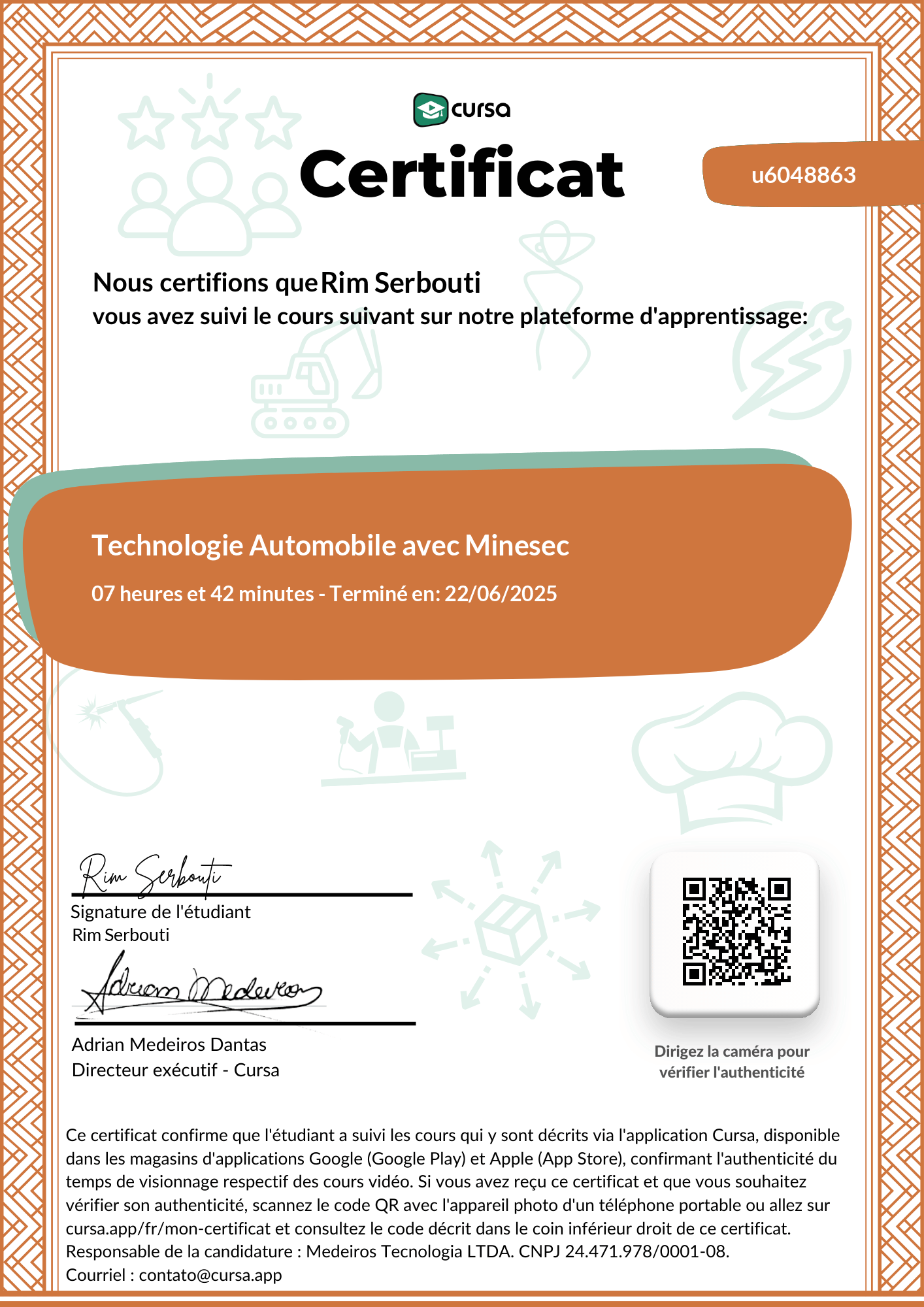 Image de mon certificat de fin de cours gratuit.