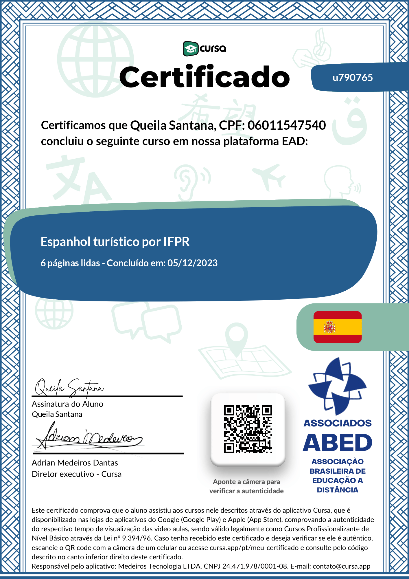 Imagem do meu Certificado gratuito de conclusão de curso.