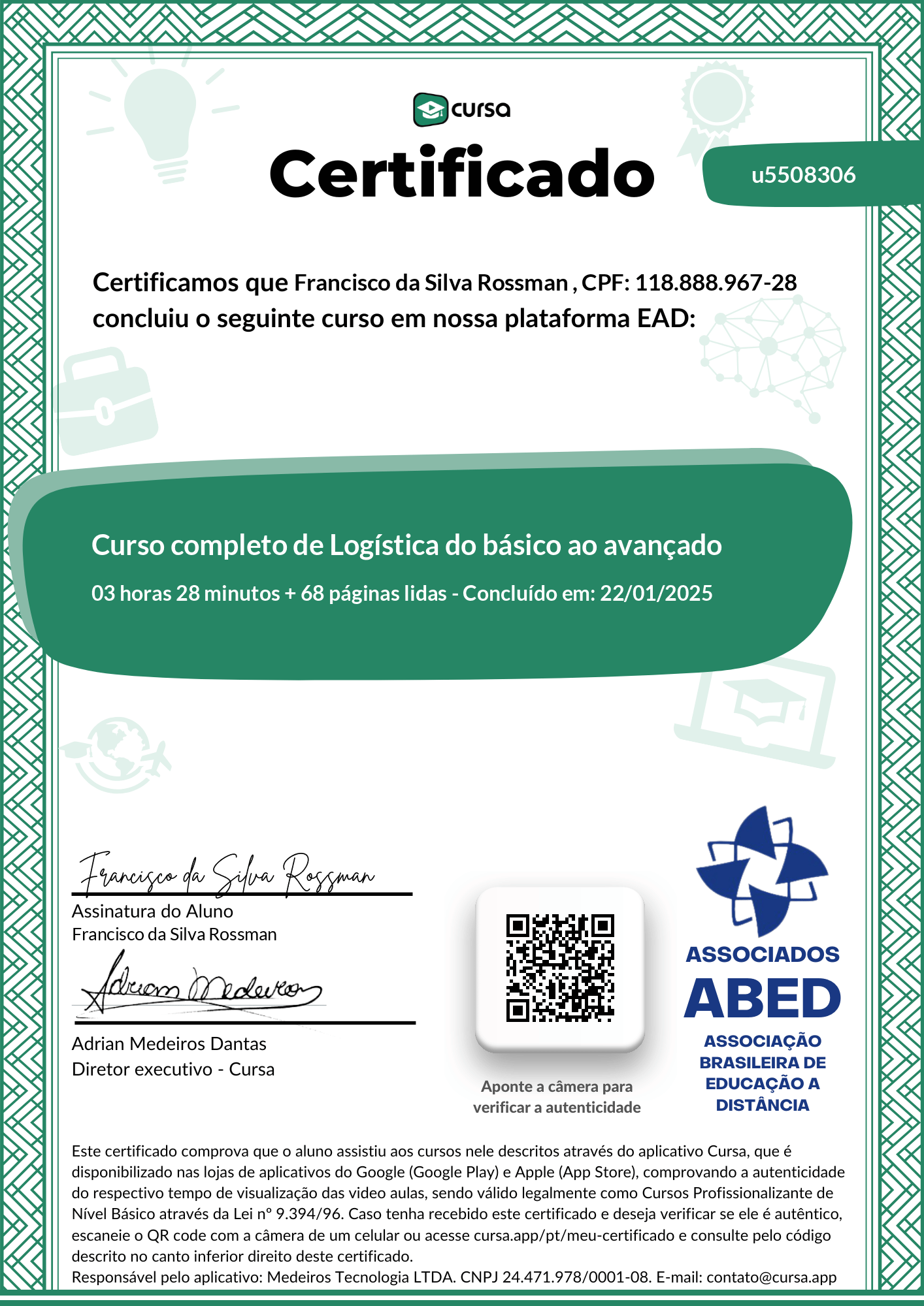 Imagem do meu Certificado gratuito de conclusão de curso.