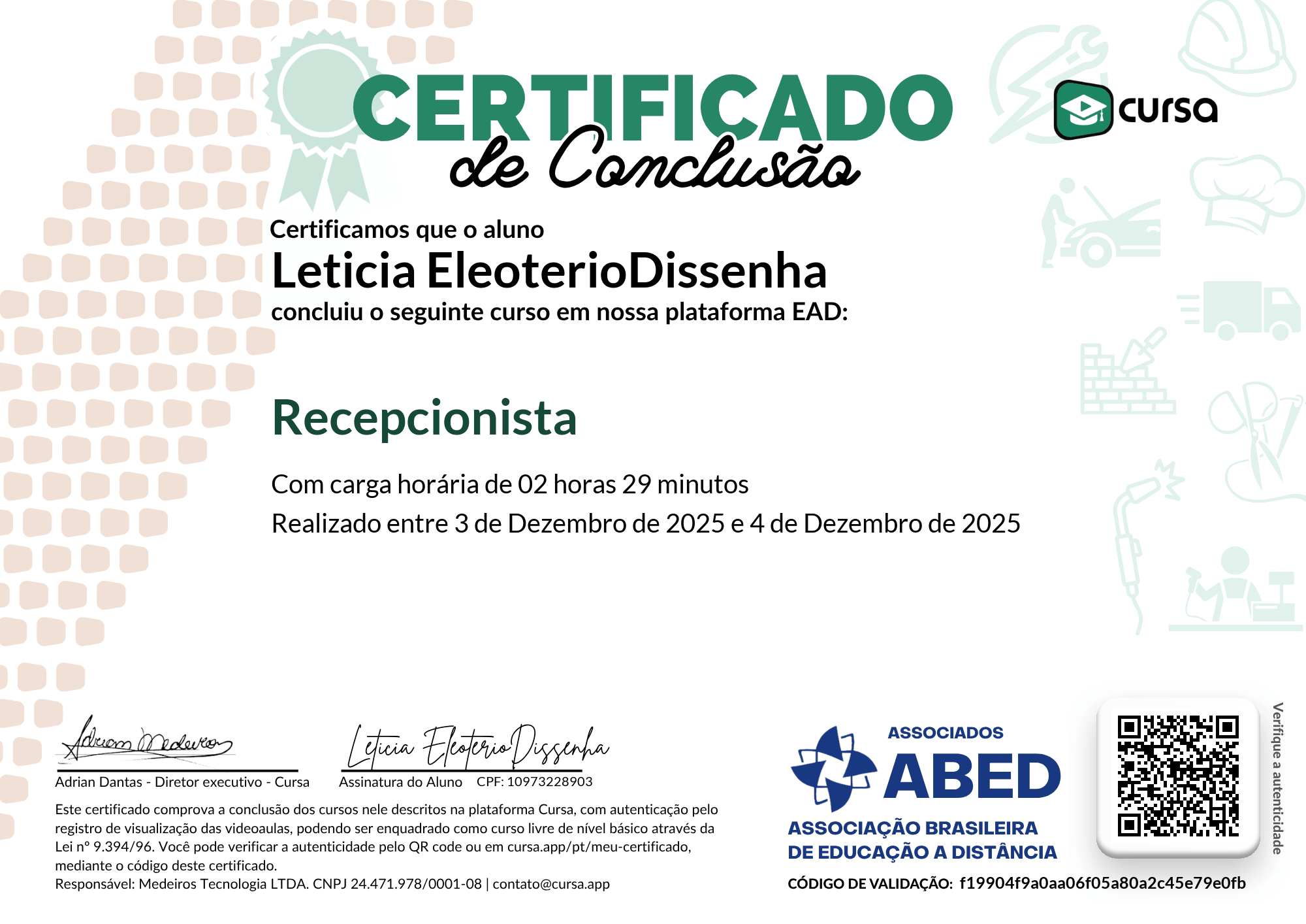 Imagem do meu Certificado gratuito de conclusão de curso.