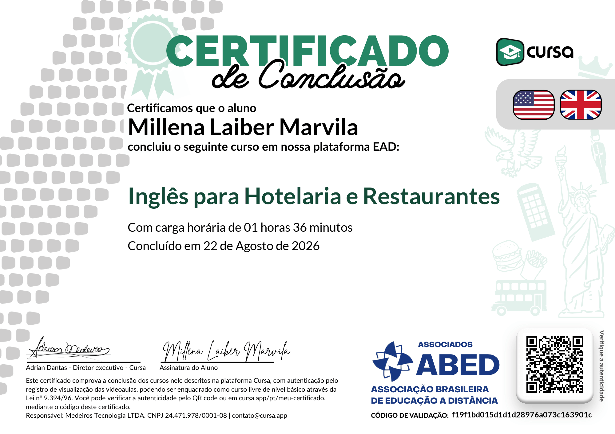 Imagem do meu Certificado gratuito de conclusão de curso.