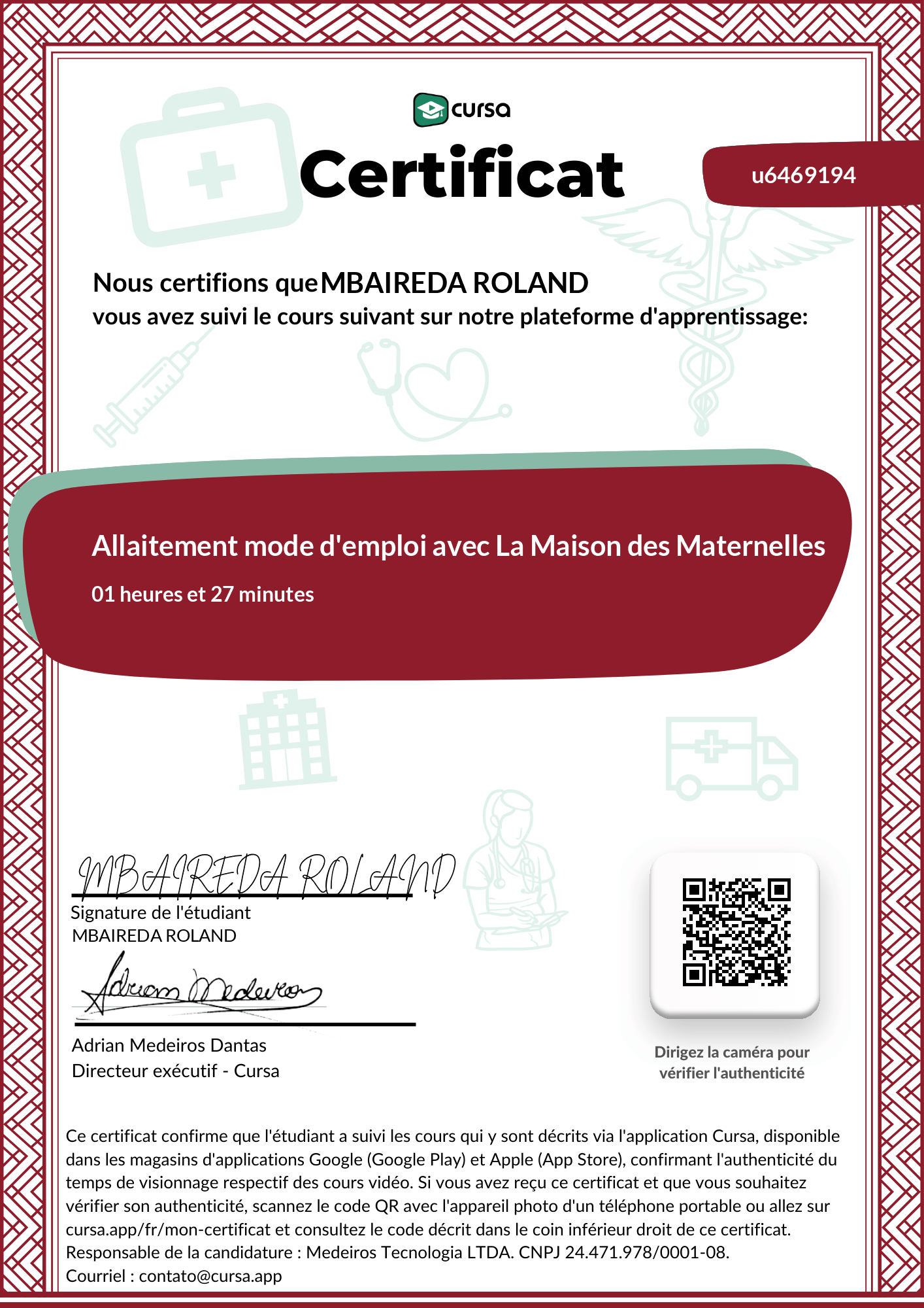 Image de mon certificat de fin de cours gratuit.