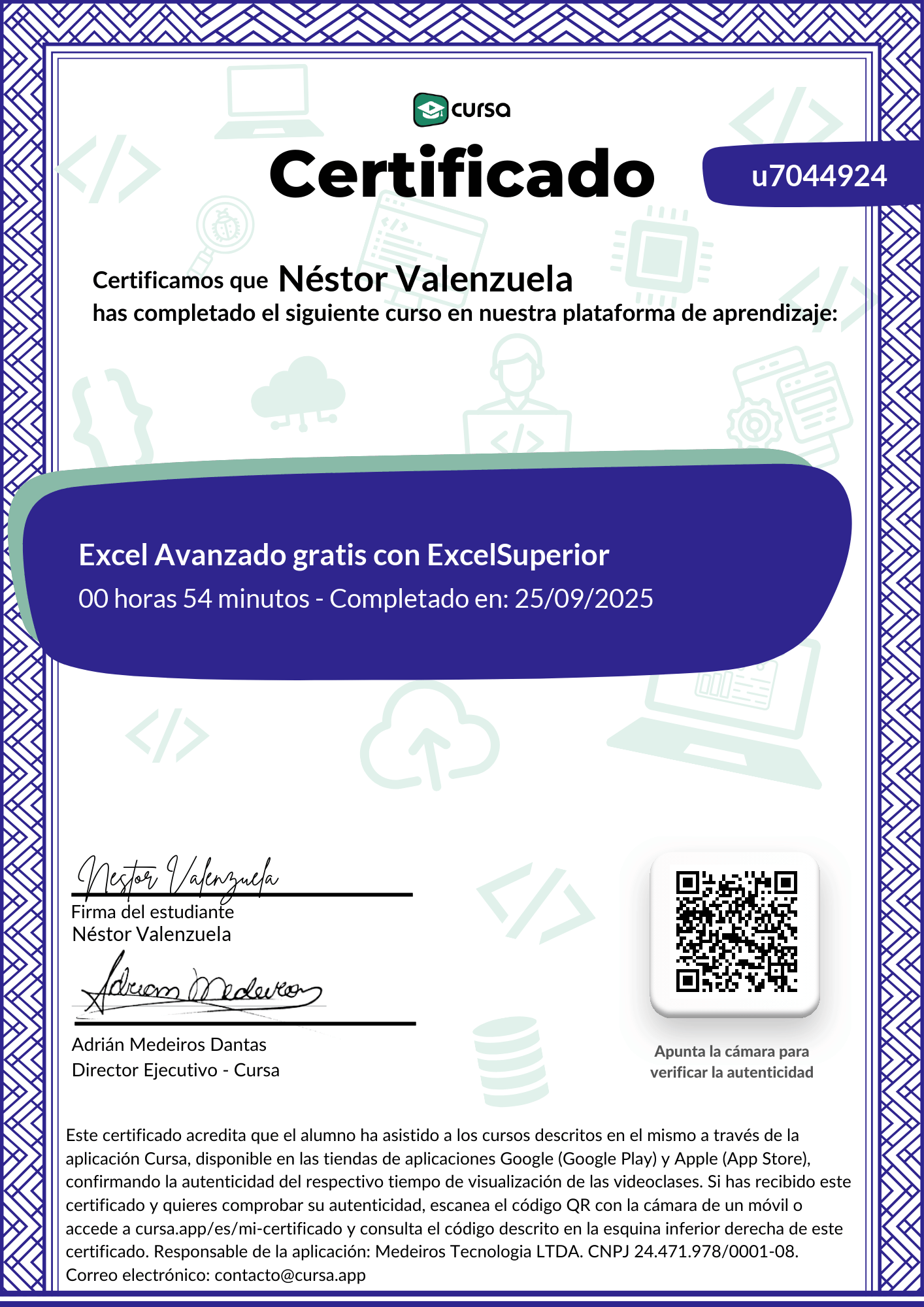 Imagen de mi Certificado de finalización del curso gratuito.