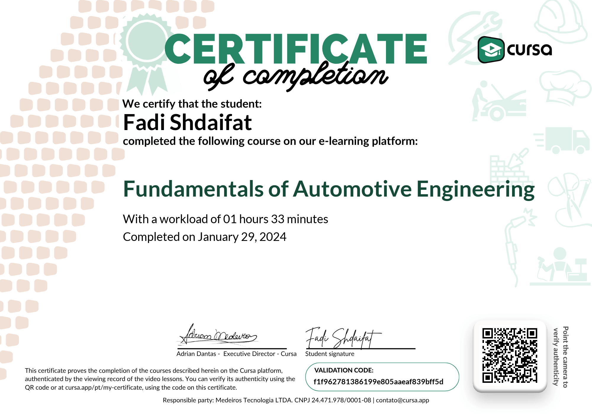 Image of my free Course Completion Certificate.