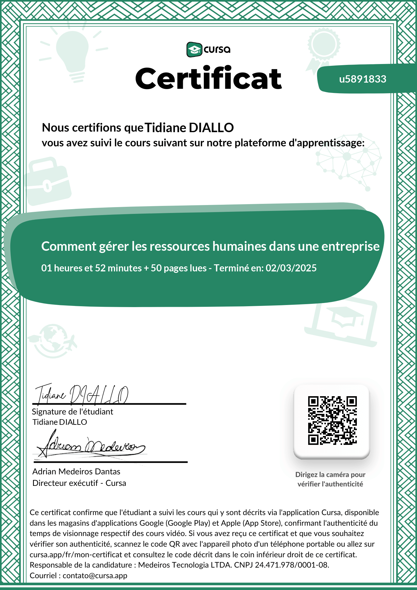 Image de mon certificat de fin de cours gratuit.