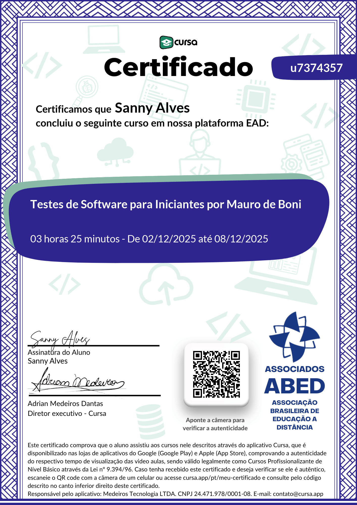 Imagem do meu Certificado gratuito de conclusão de curso.