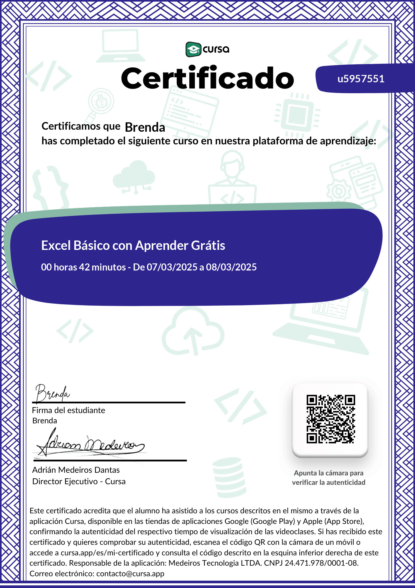 Imagen de mi Certificado de finalización del curso gratuito.