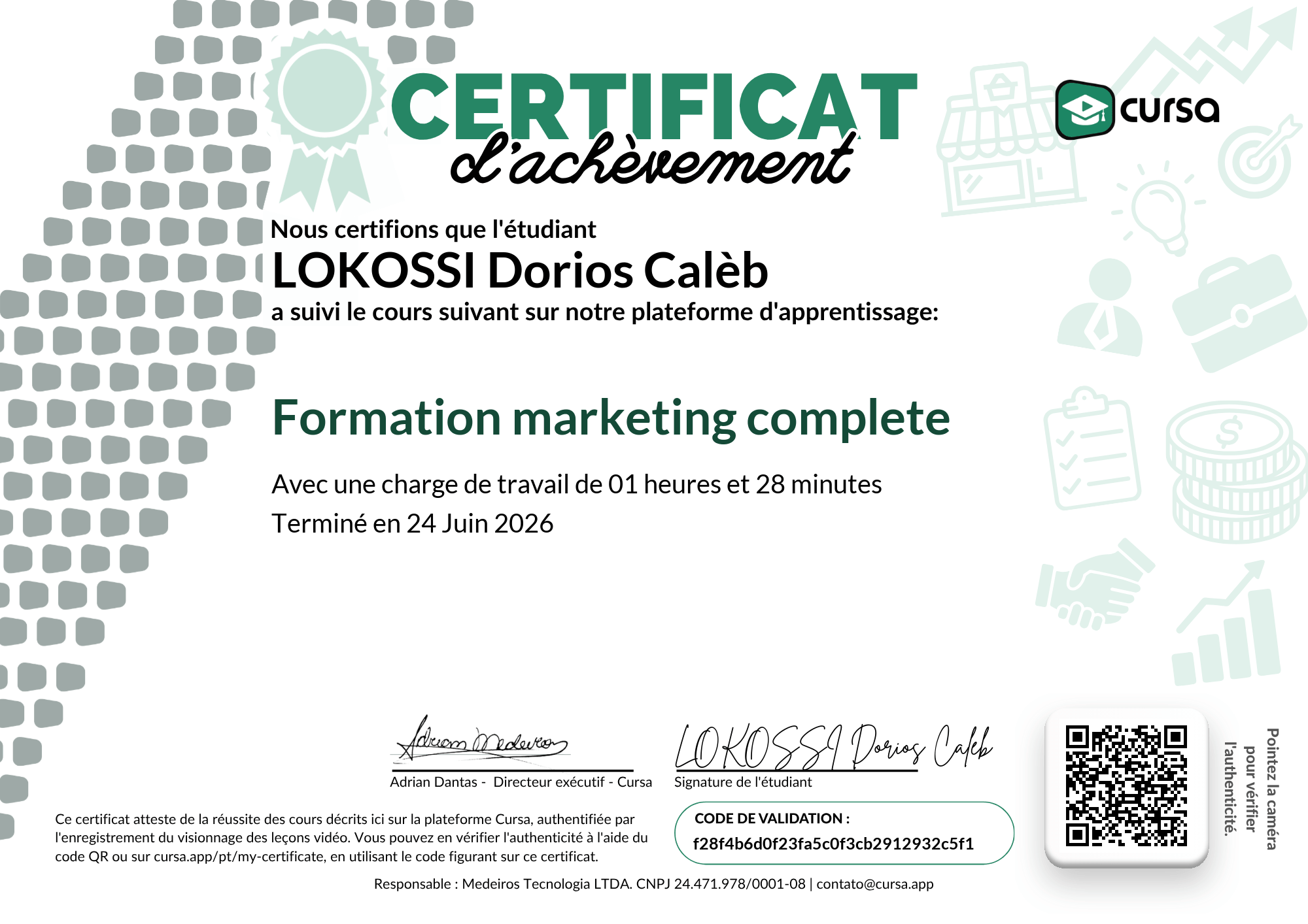 Image de mon certificat de fin de cours gratuit.