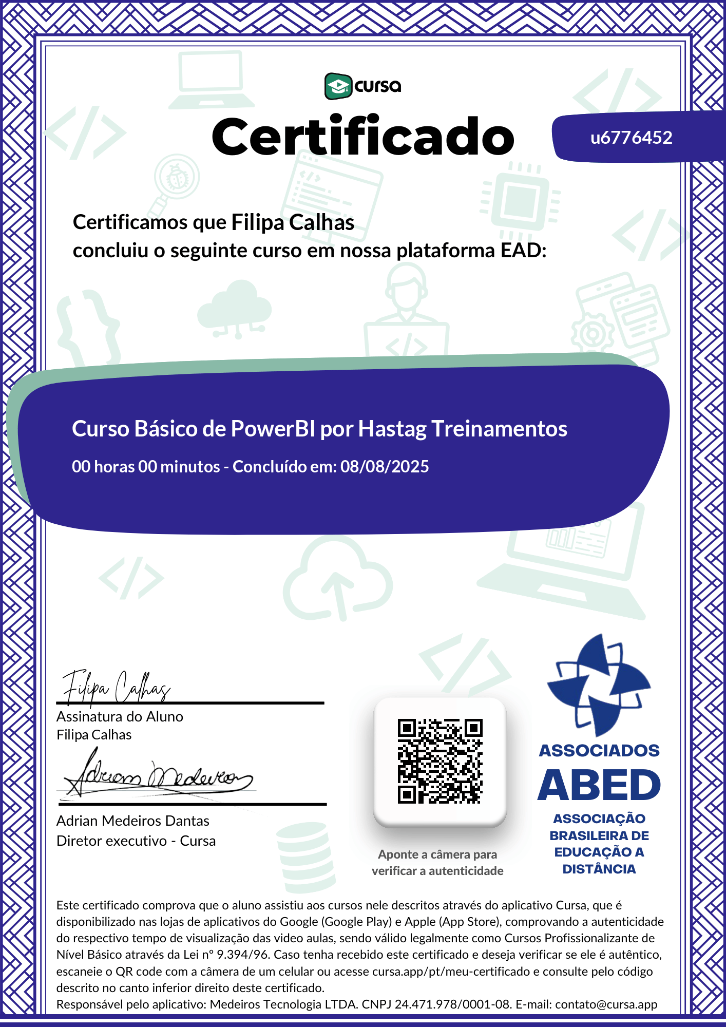 Imagem do meu Certificado gratuito de conclusão de curso.