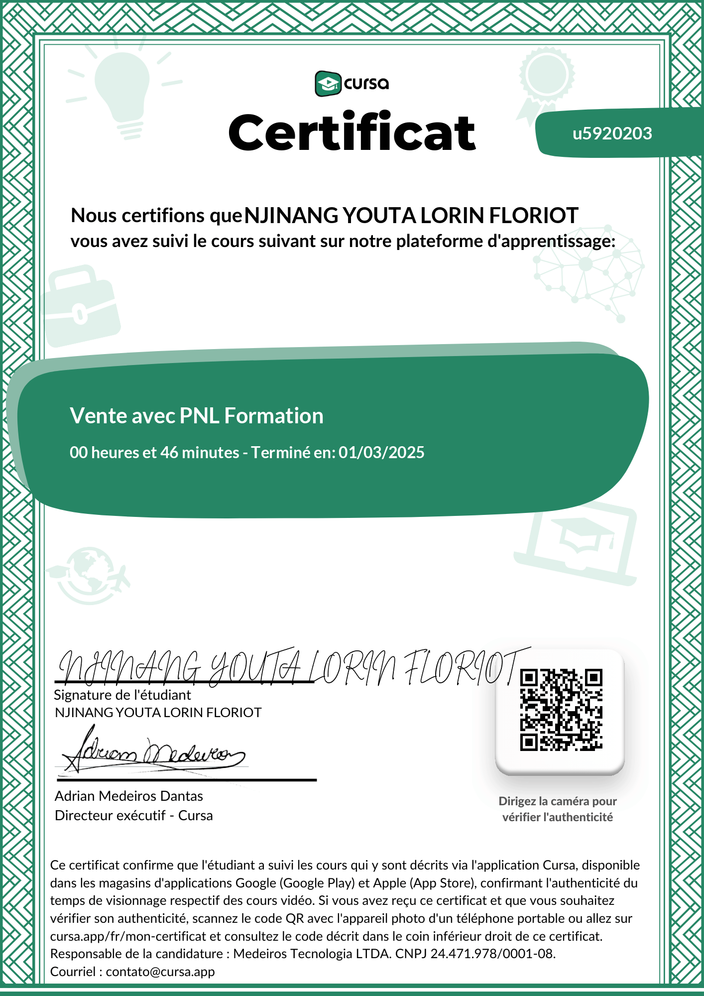 Image de mon certificat de fin de cours gratuit.