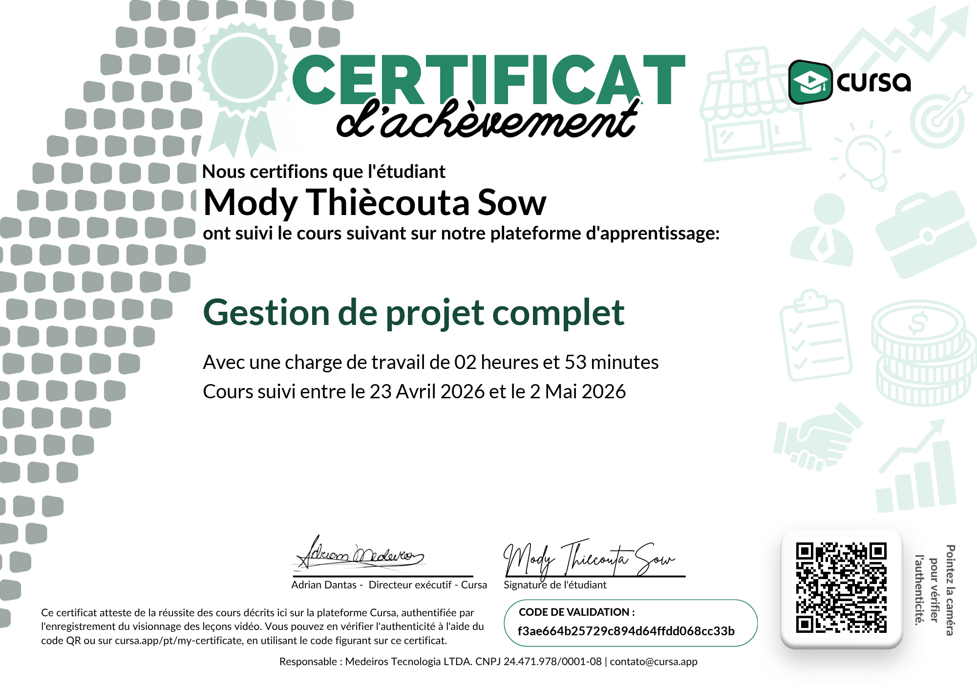 Image de mon certificat de fin de cours gratuit.