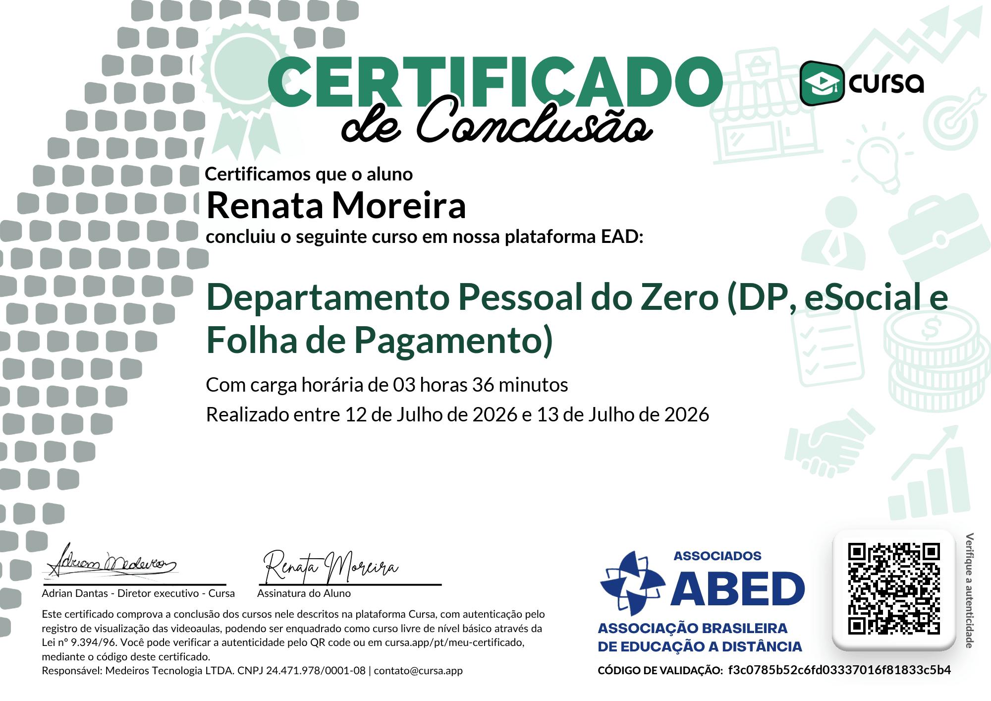 Imagem do meu Certificado gratuito de conclusão de curso.