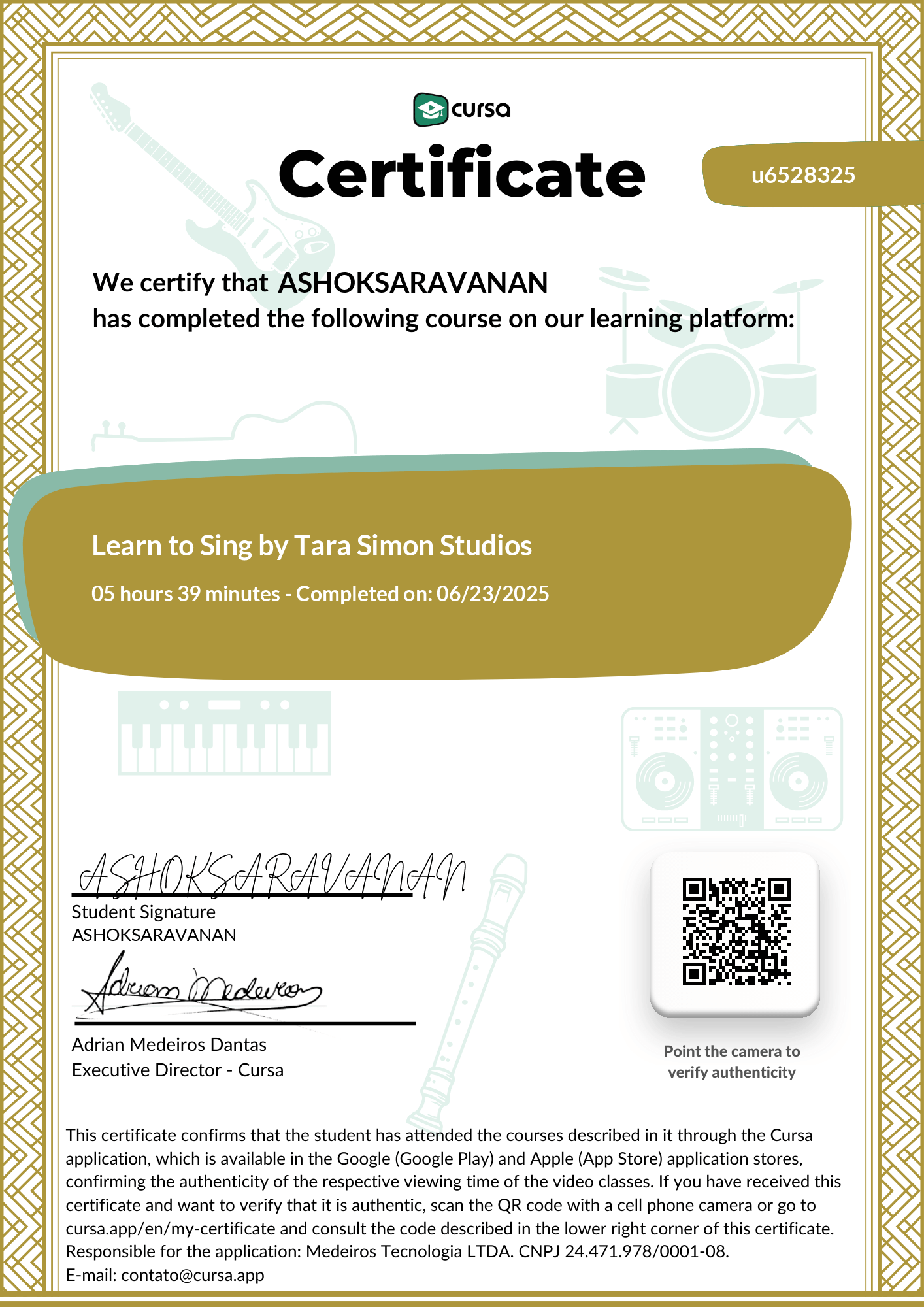Image of my free Course Completion Certificate.