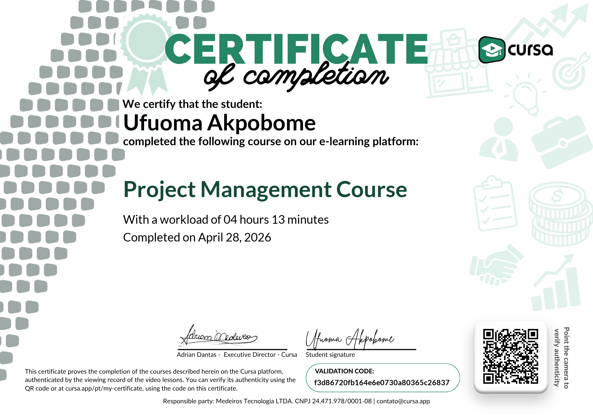 Image of my free Course Completion Certificate.
