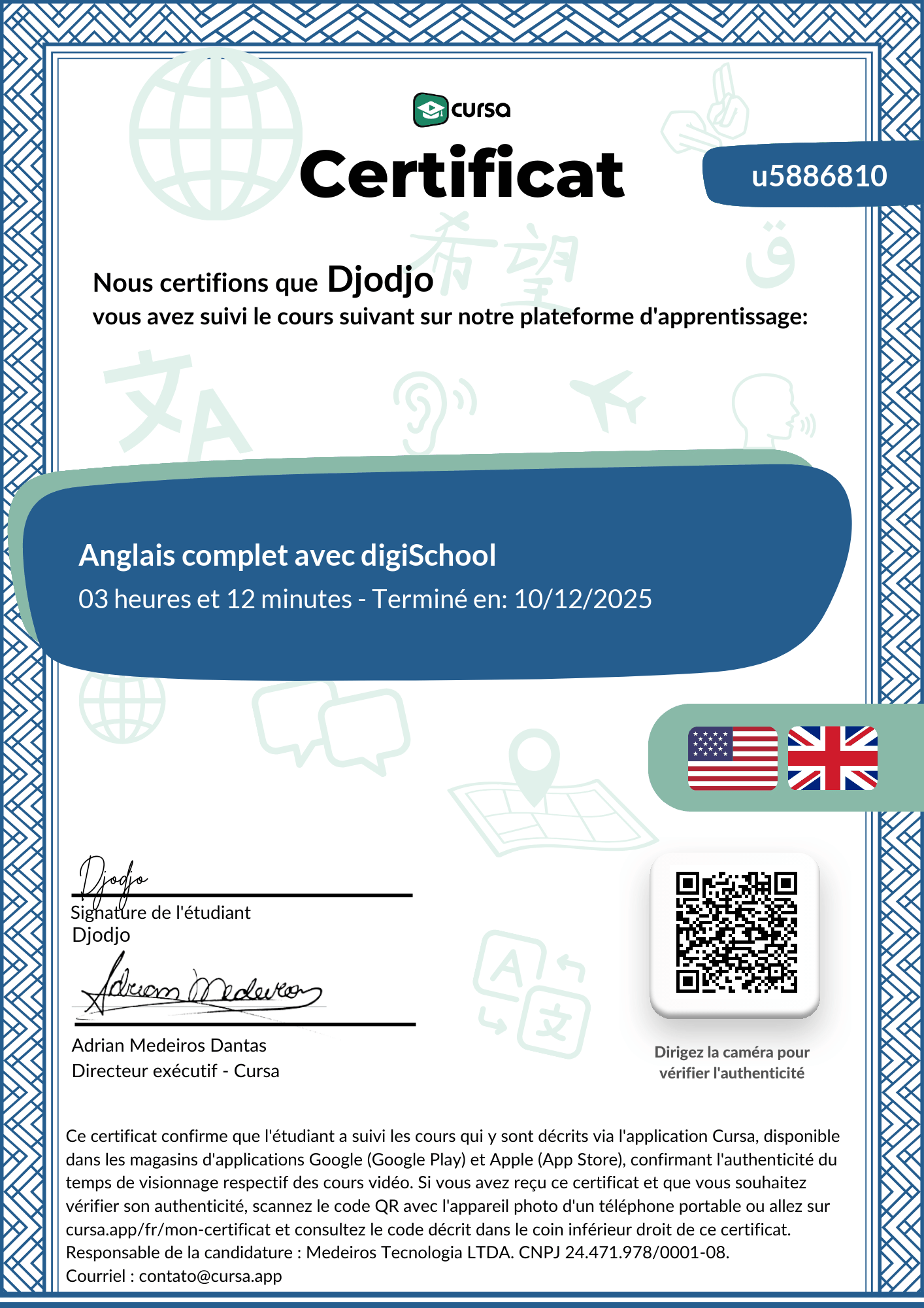 Image de mon certificat de fin de cours gratuit.