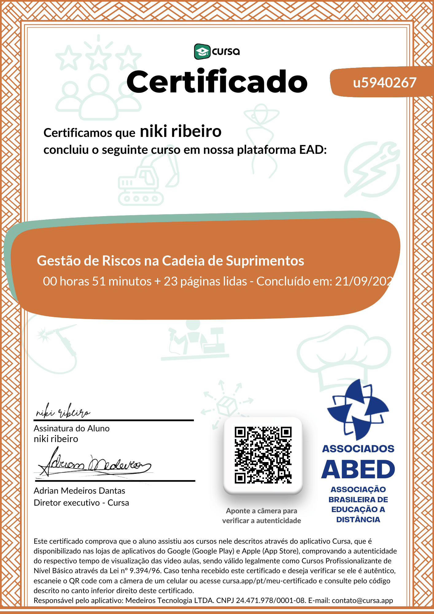 Imagem do meu Certificado gratuito de conclusão de curso.