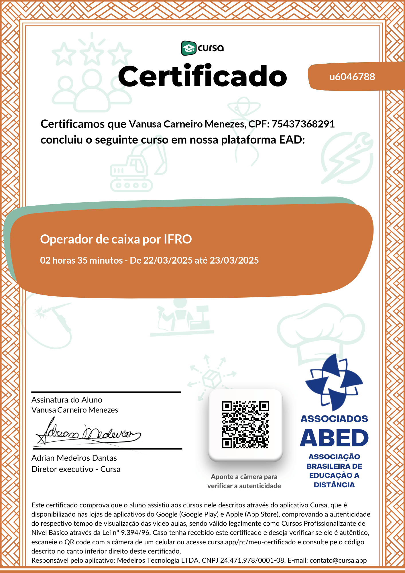 Imagem do meu Certificado gratuito de conclusão de curso.