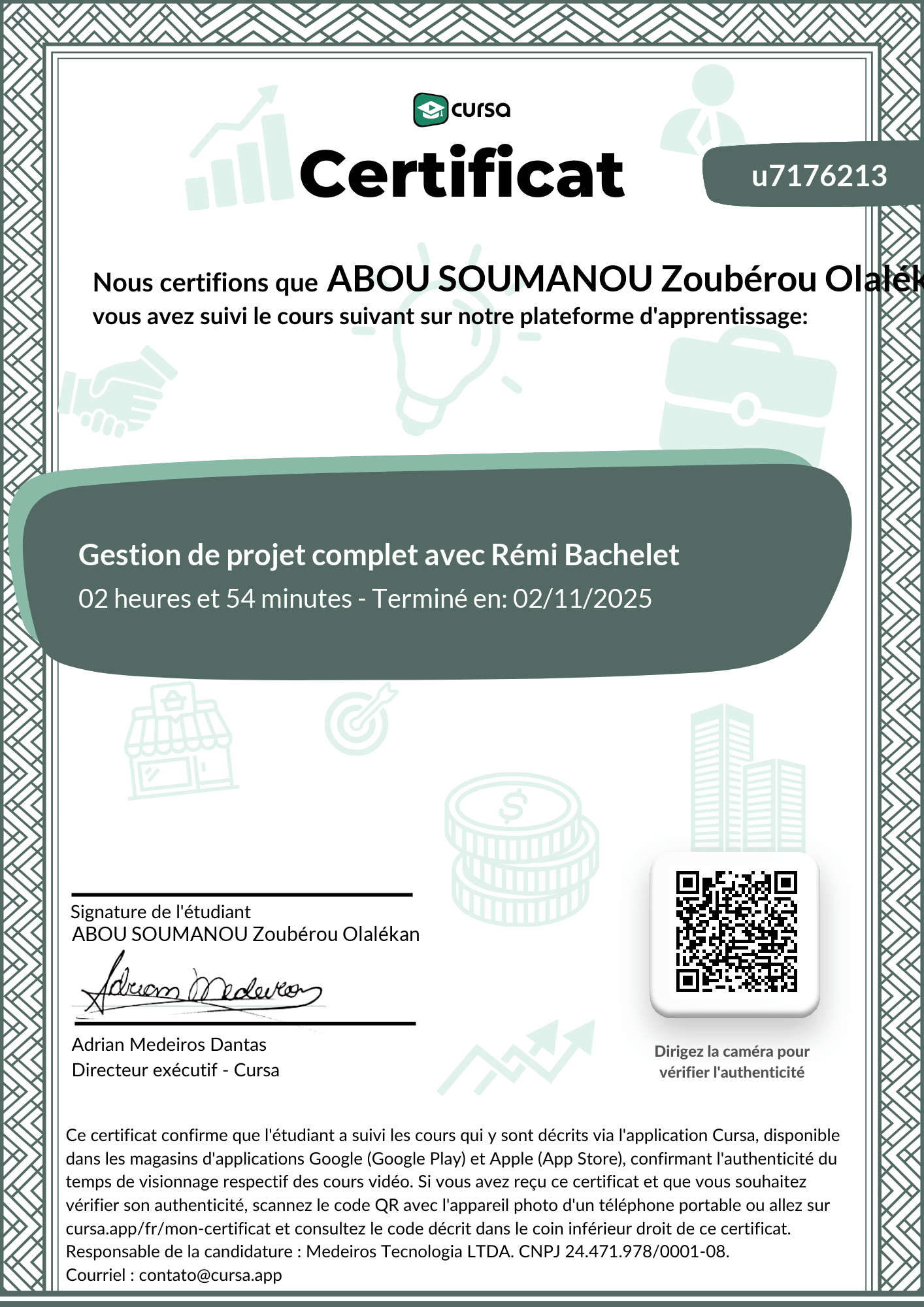 Image de mon certificat de fin de cours gratuit.